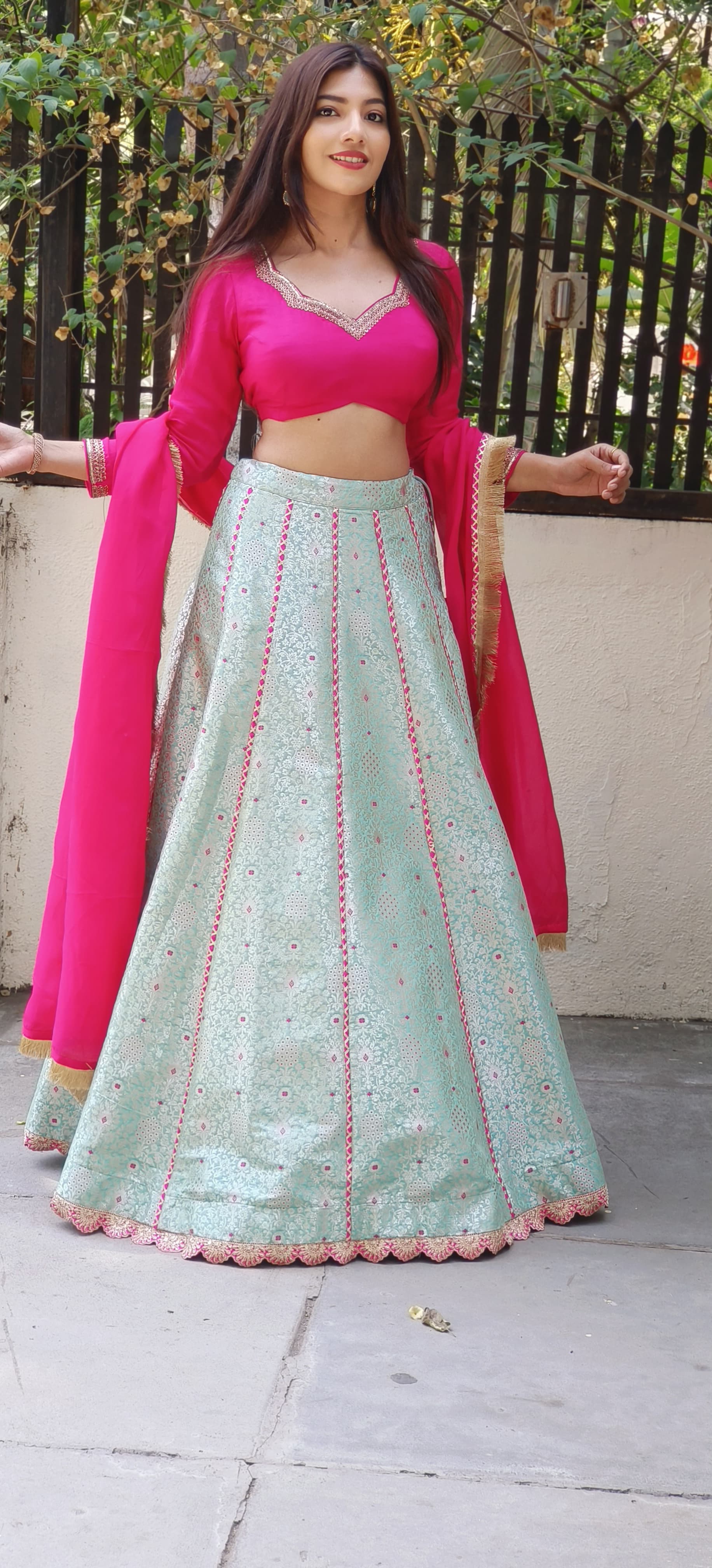 Exquisite Silk Ensemble Embroidered Blouse Paired with Sky Blue Brocade Banarasi Skirt and Golden Lace Dupatta ONLY ON ORDERS DISPATCHING AFTER 30 DAYS