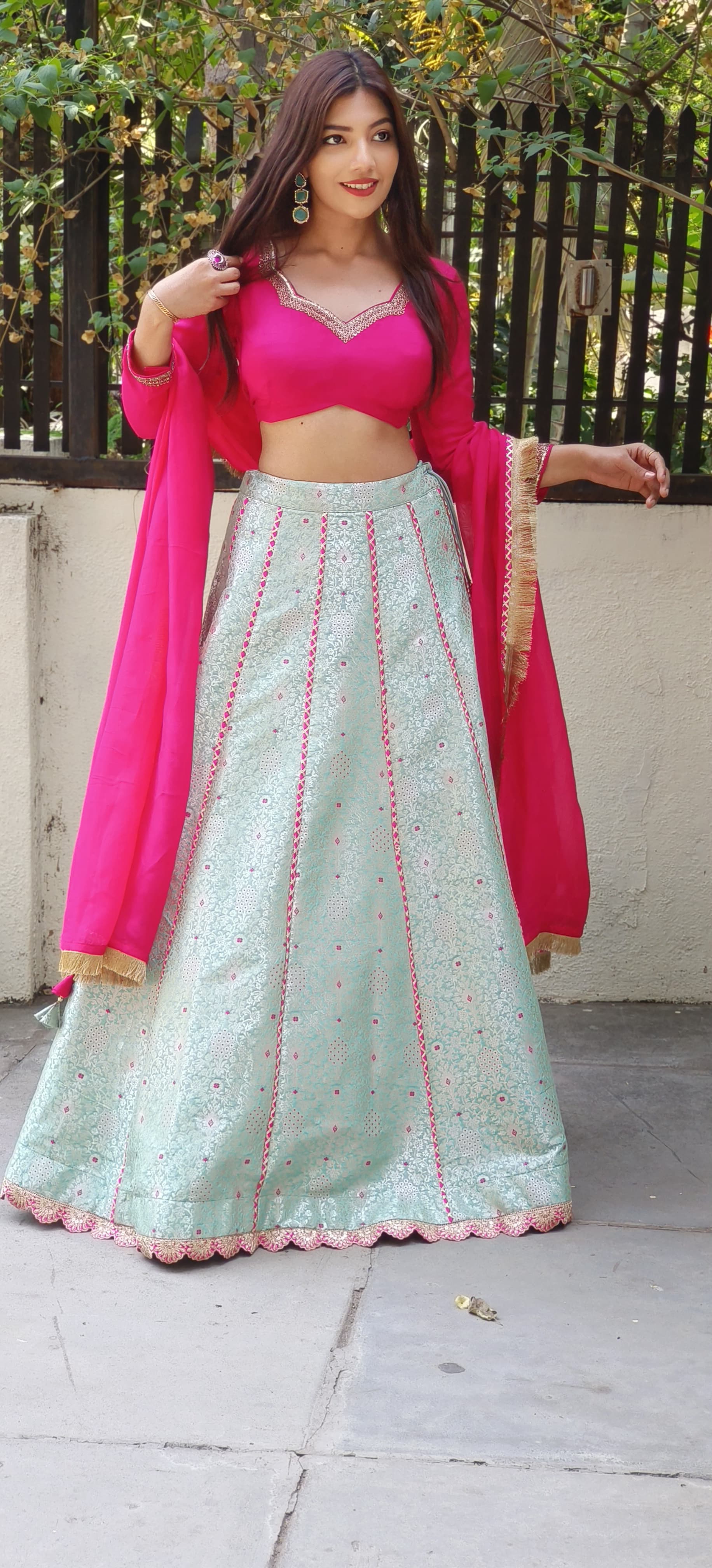 Exquisite Silk Ensemble Embroidered Blouse Paired with Sky Blue Brocade Banarasi Skirt and Golden Lace Dupatta ONLY ON ORDERS DISPATCHING AFTER 30 DAYS