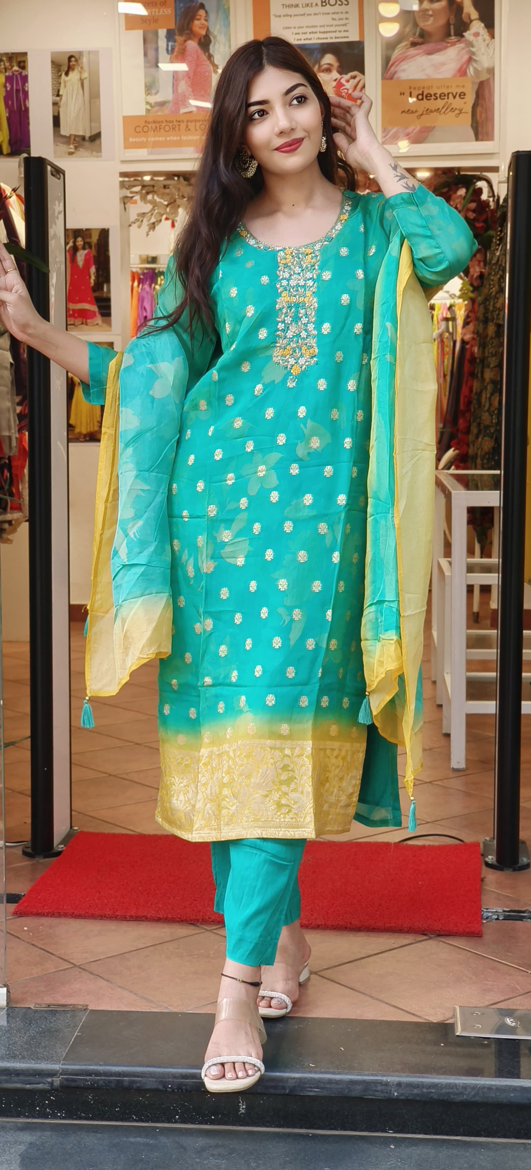 Rama Green Double-Tone Banarasi Organza Full Suit Set with Intricate Hand Embroidery With Self Print Organza Dupatta DRYWASH DISPATCHING WILL BE FROM MONDAY