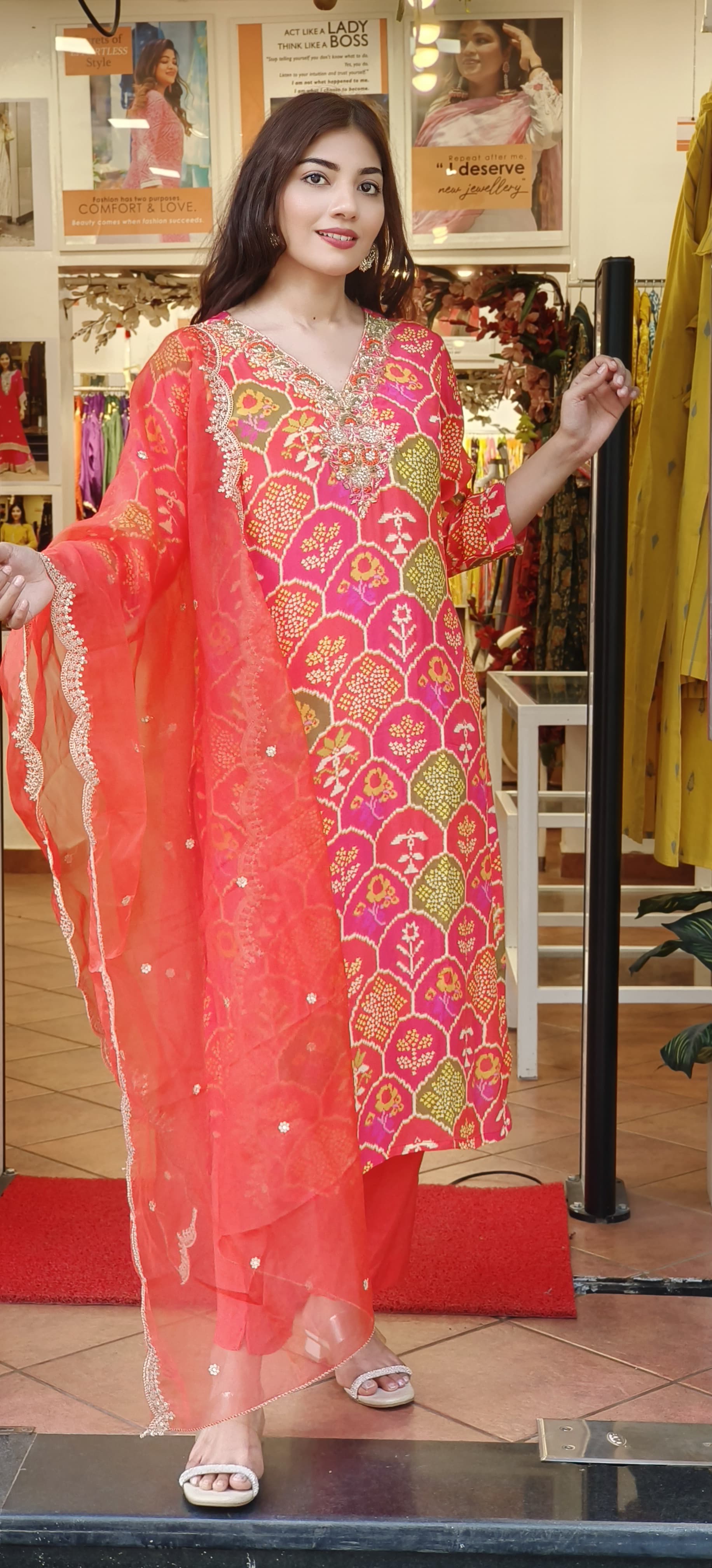 Pure Crape Vibrant Hand-Embroidered Printed Kurta and Pant Set with Coordinating Dupatta-09403
