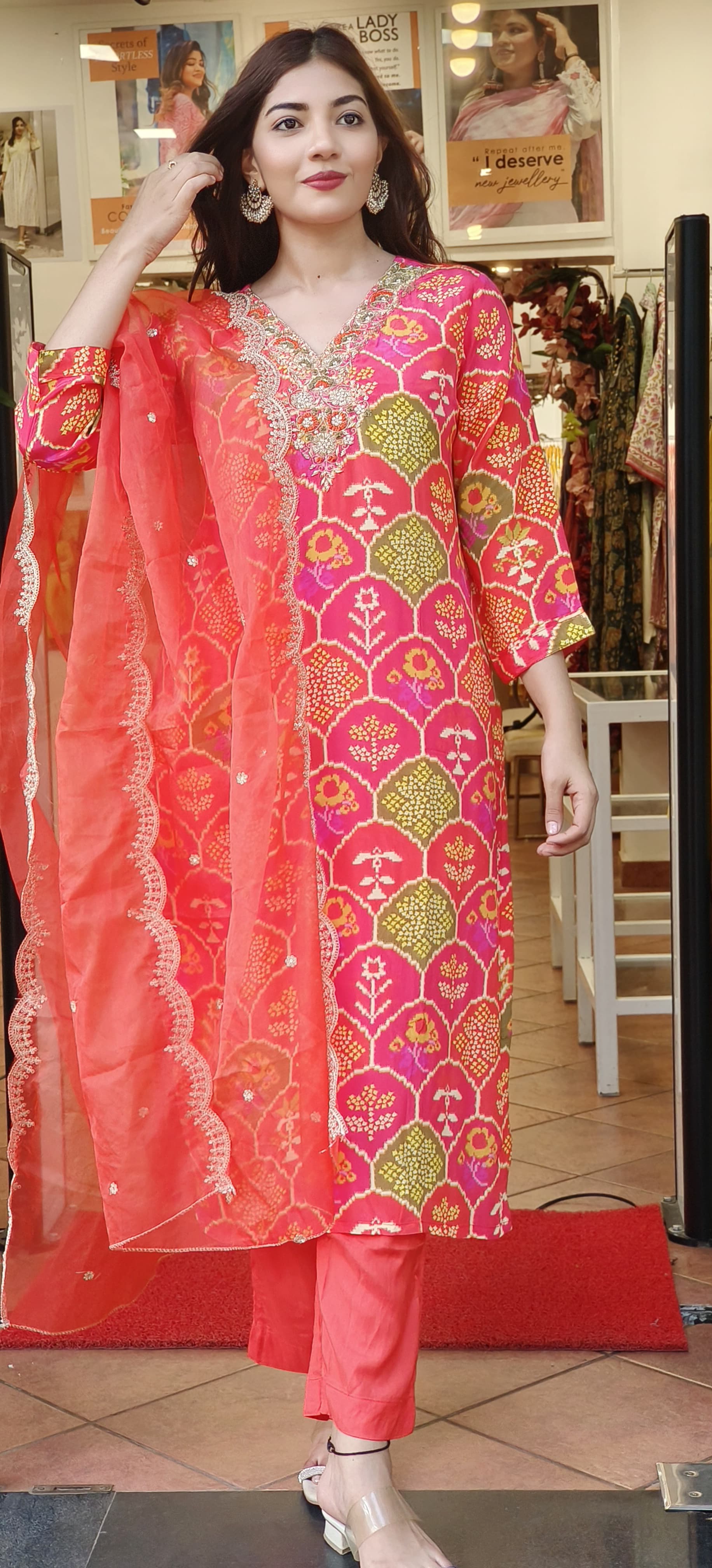 Pure Crape Vibrant Hand-Embroidered Printed Kurta and Pant Set with Coordinating Dupatta-09403