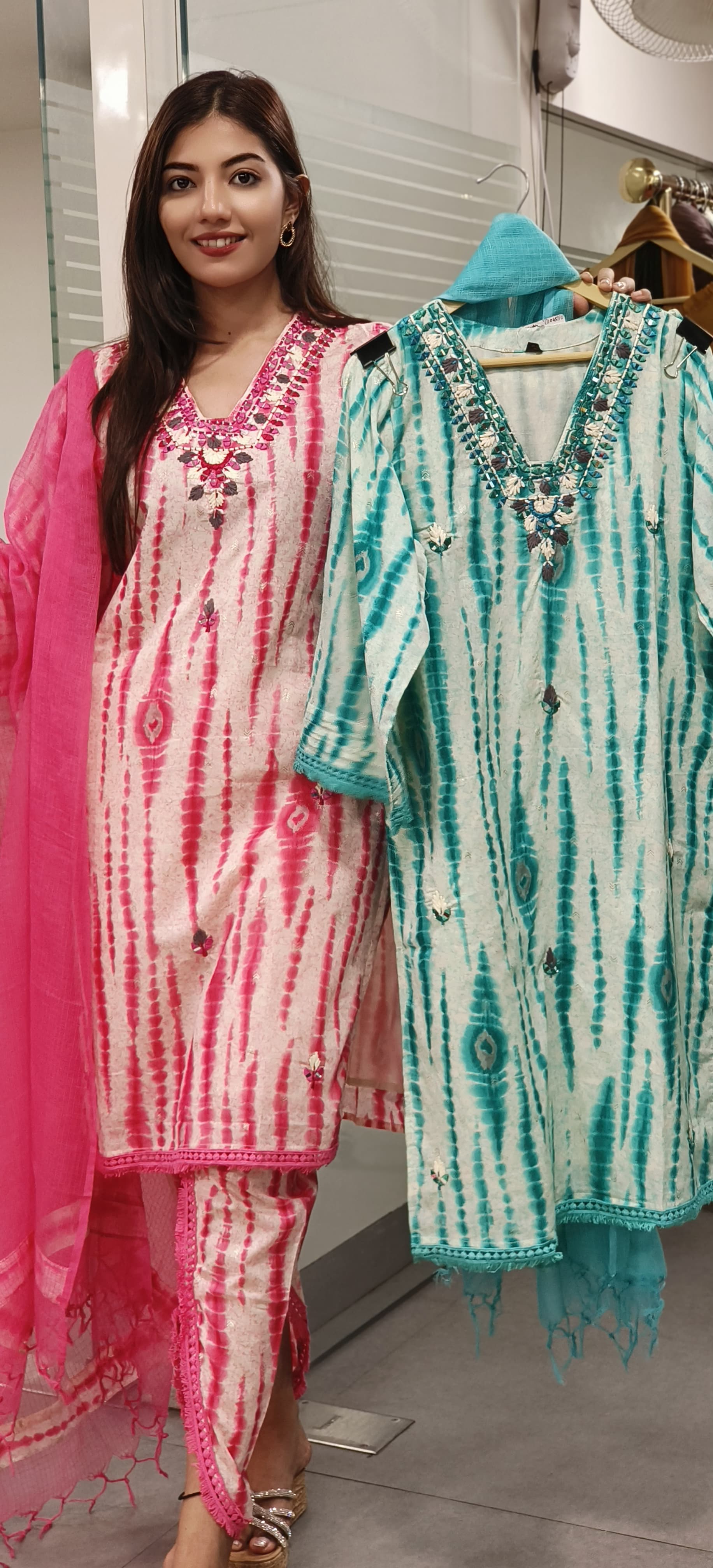 Elegant Tie-Dye Real Mirror Embroidered Full suit Set with Tulip Pants kora Doria Dupatta-09365,09367
