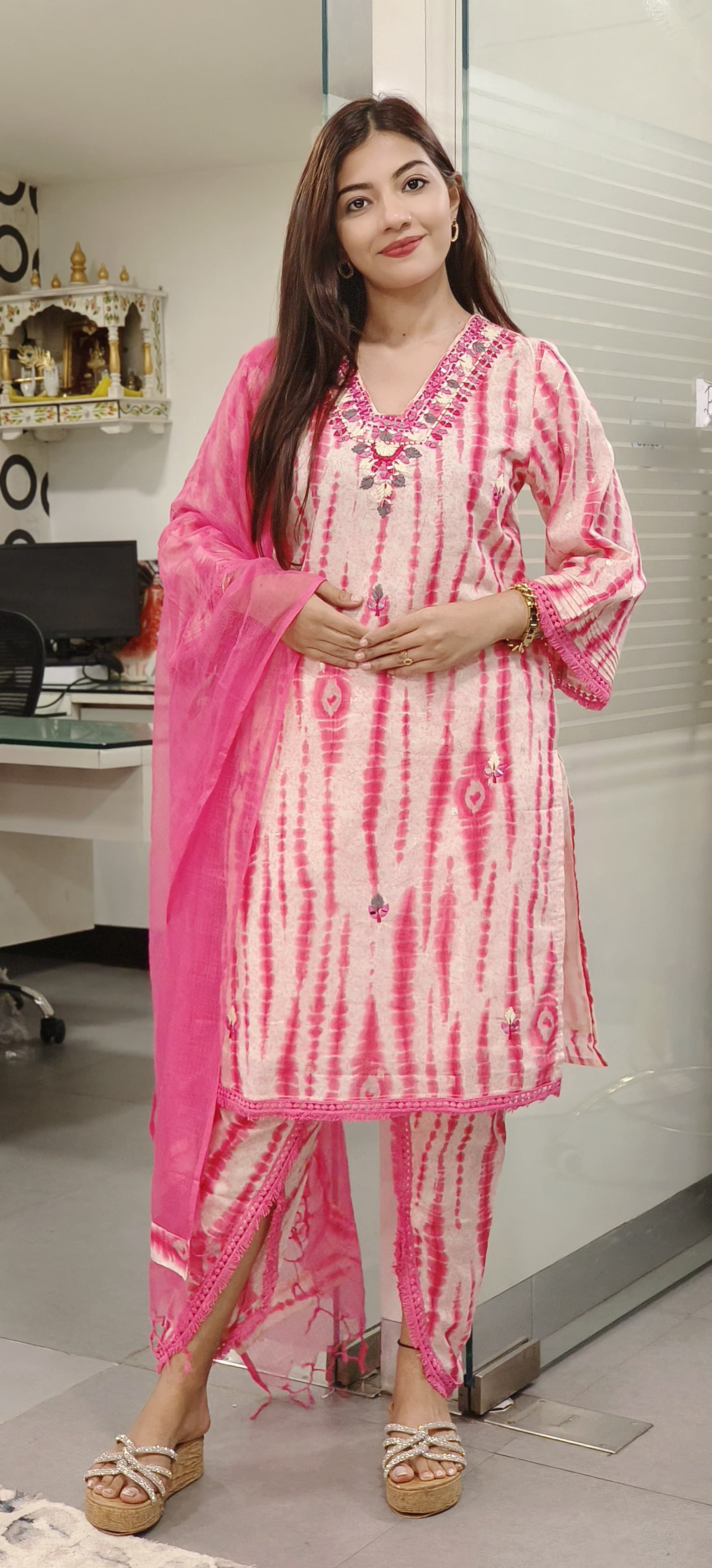 Elegant Tie-Dye Real Mirror Embroidered Full suit Set with Tulip Pants kora Doria Dupatta-09365,09367