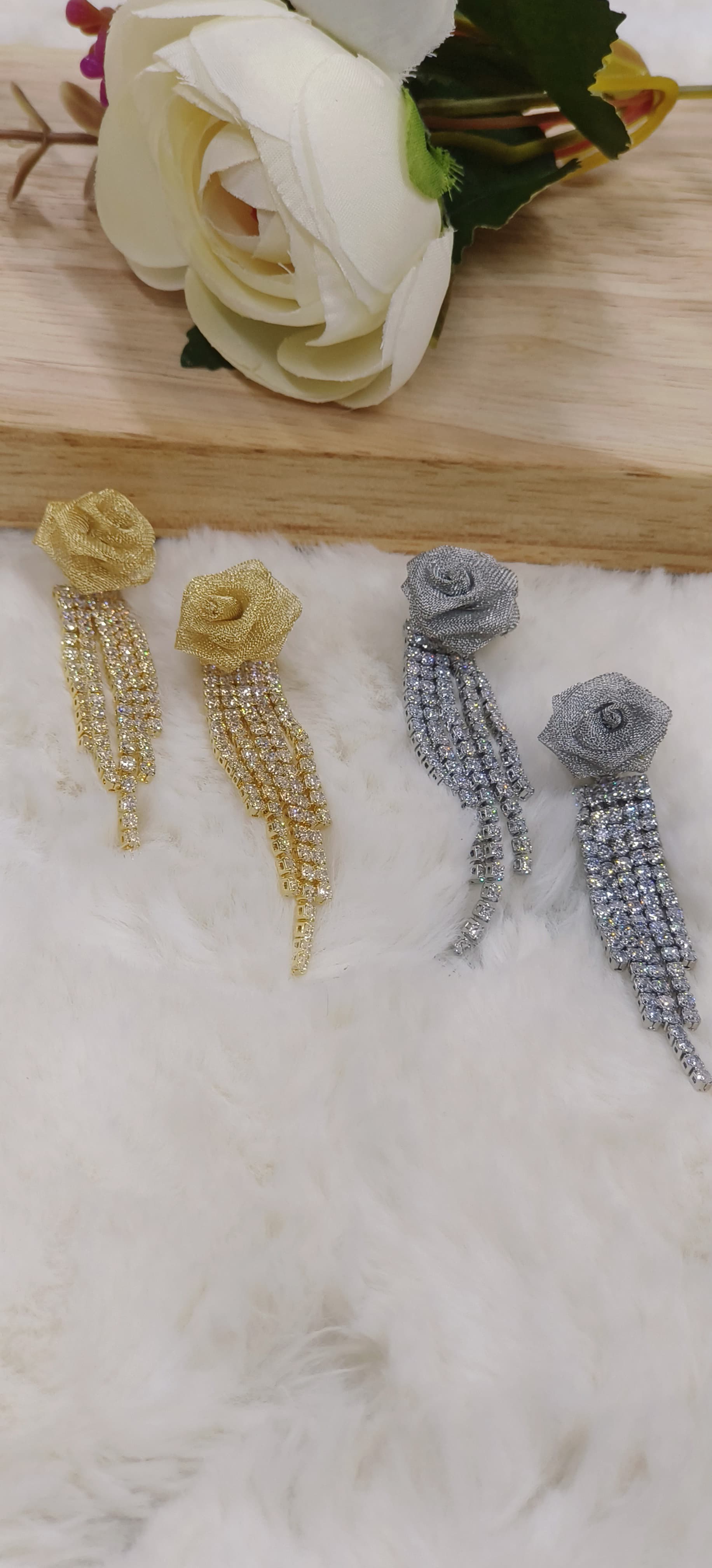 Long Crystal Flower Tassel Drop Dangle Earrings - Main Image