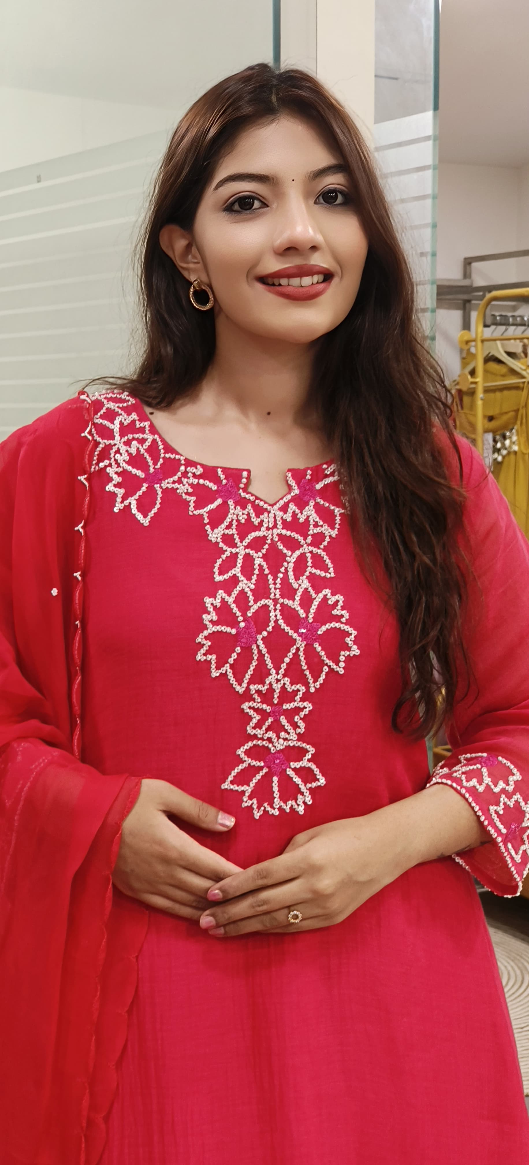 Bead Embroidered Mul Chanderi Cotton Aline Full Suit Set