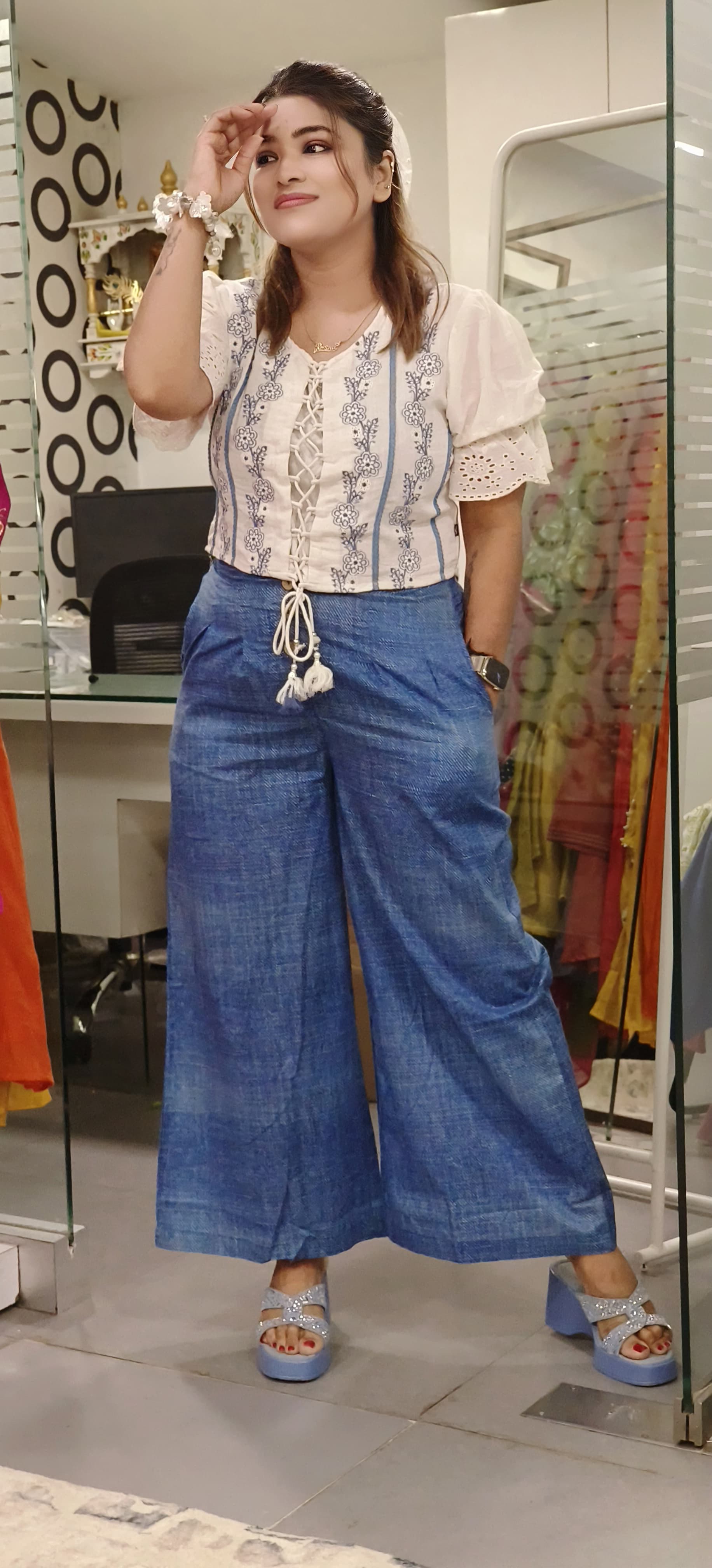 Embroidered Cotton Crop Top With Loose Pant-09438,09437