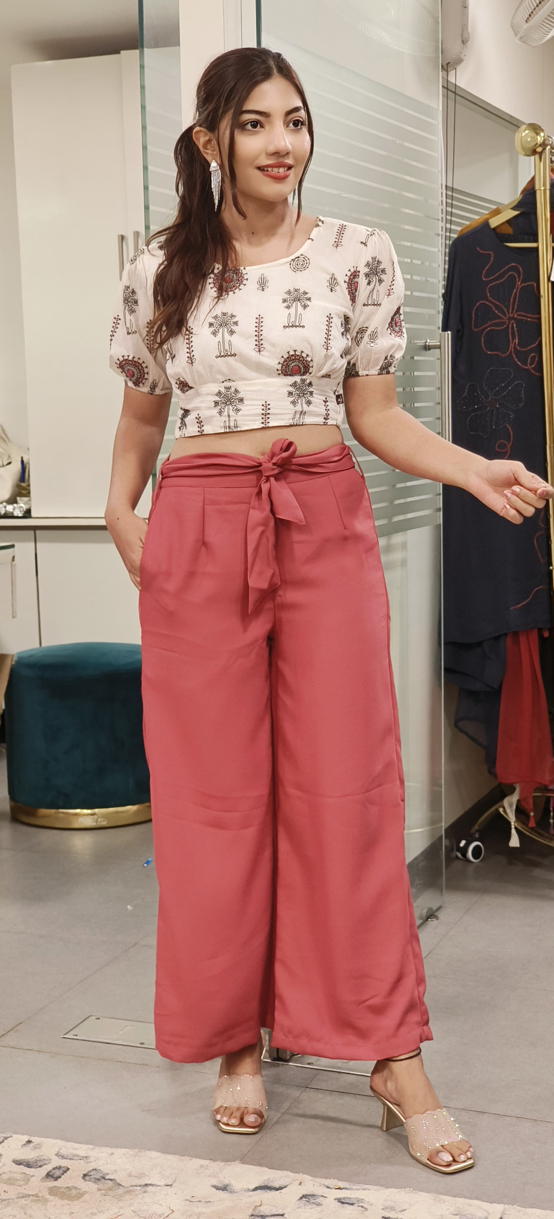 Cotton Embroidered Crop Top With Solid Bottom-09436,09435
