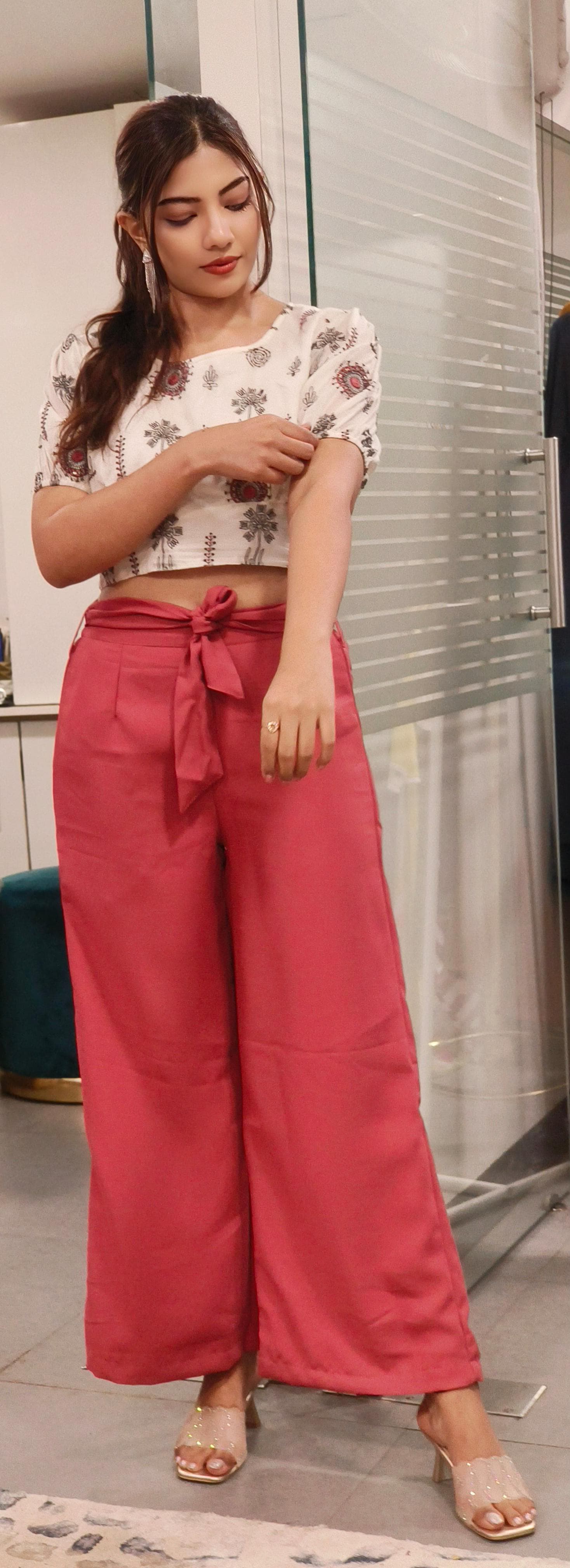 Cotton Embroidered Crop Top With Solid Bottom-09436,09435