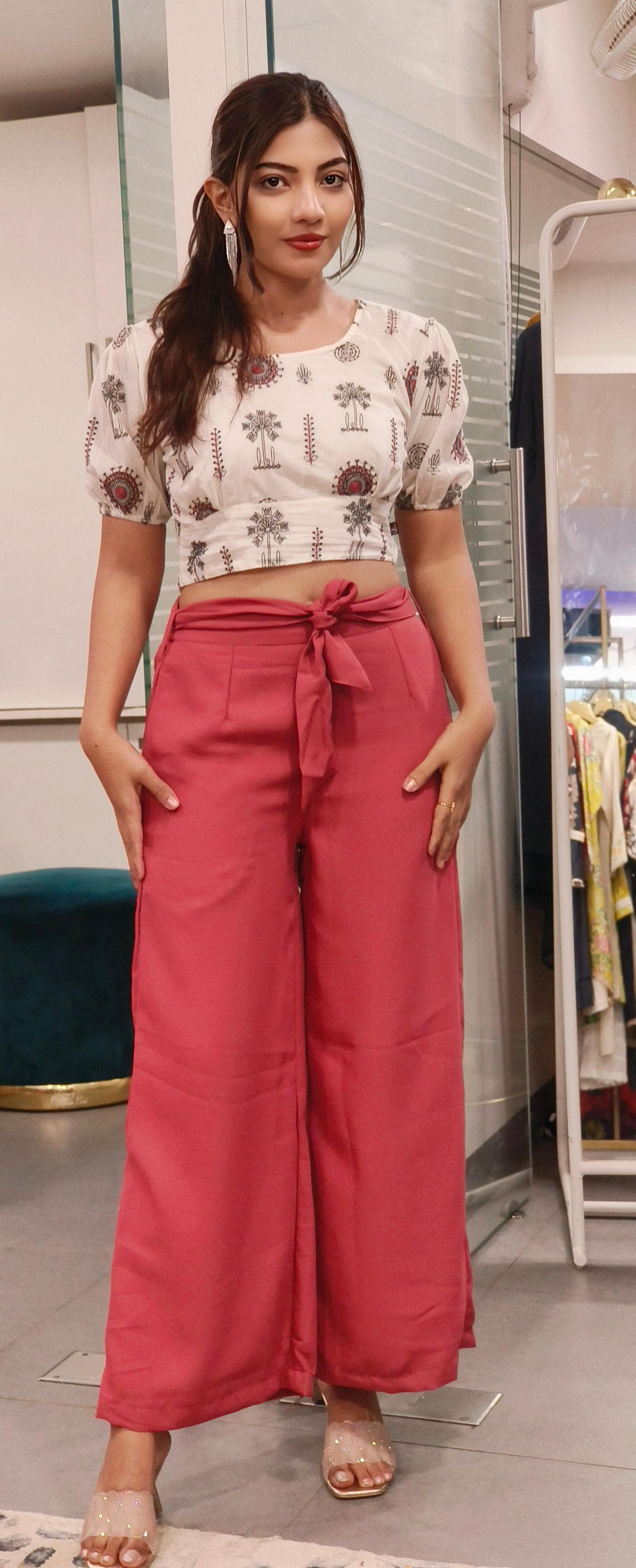 Cotton Embroidered Crop Top With Solid Bottom-09436,09435