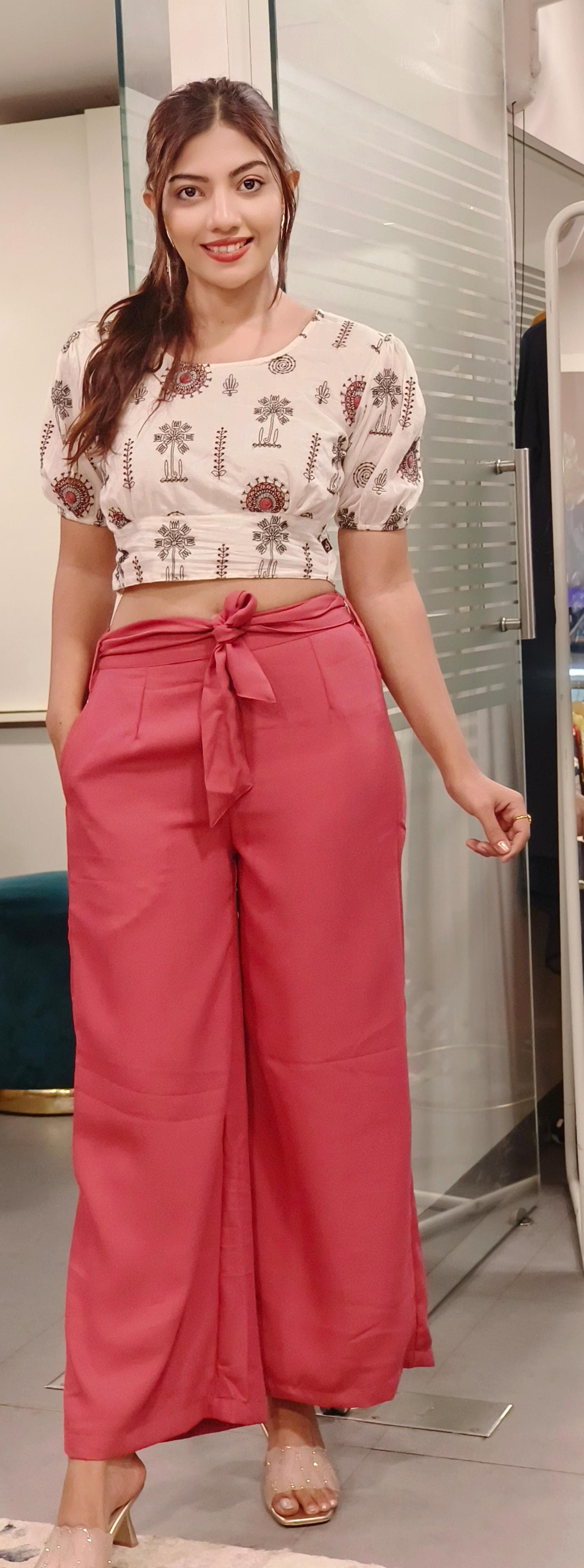 Cotton Embroidered Crop Top With Solid Bottom-09436,09435