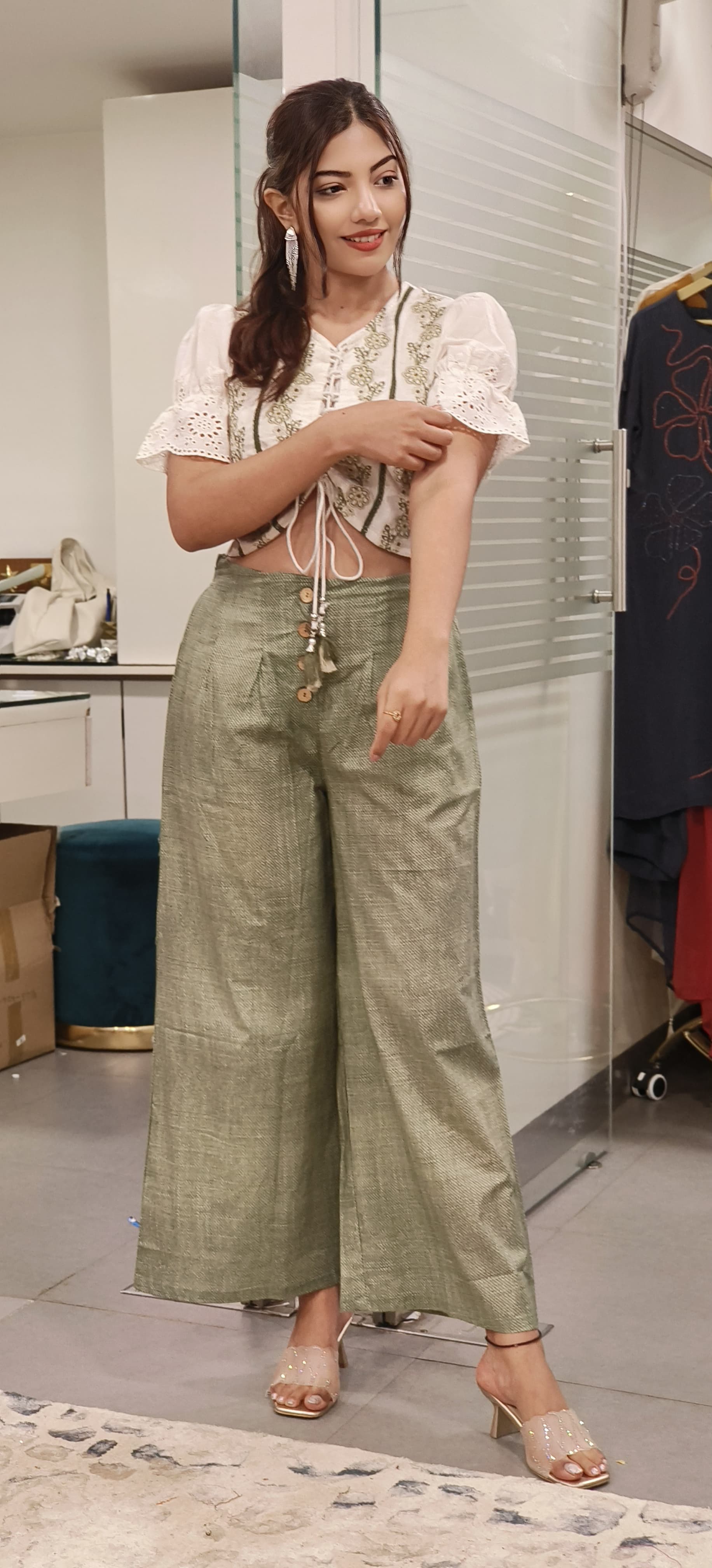 Embroidered Cotton Crop Top With Loose Pant-09438,09437