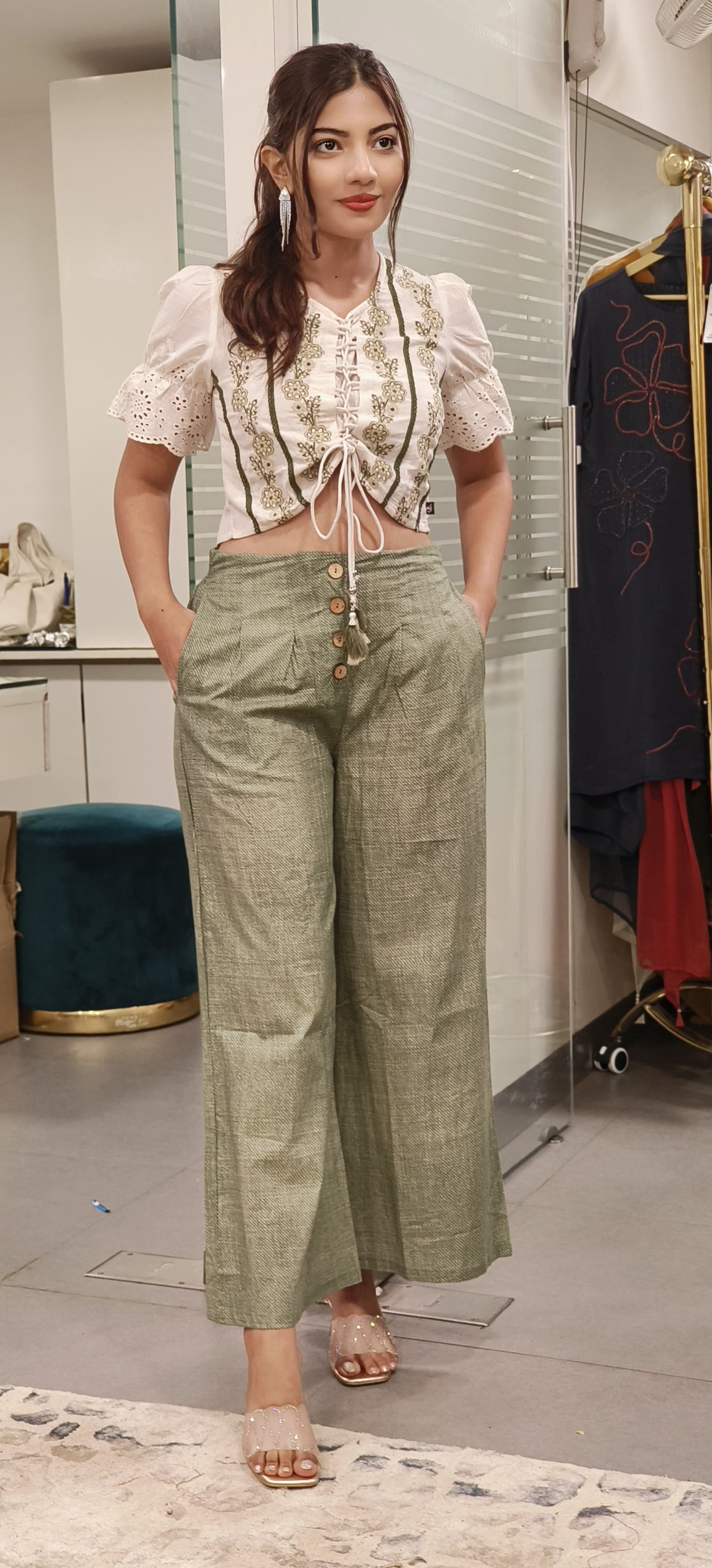 Embroidered Cotton Crop Top With Loose Pant-09438,09437