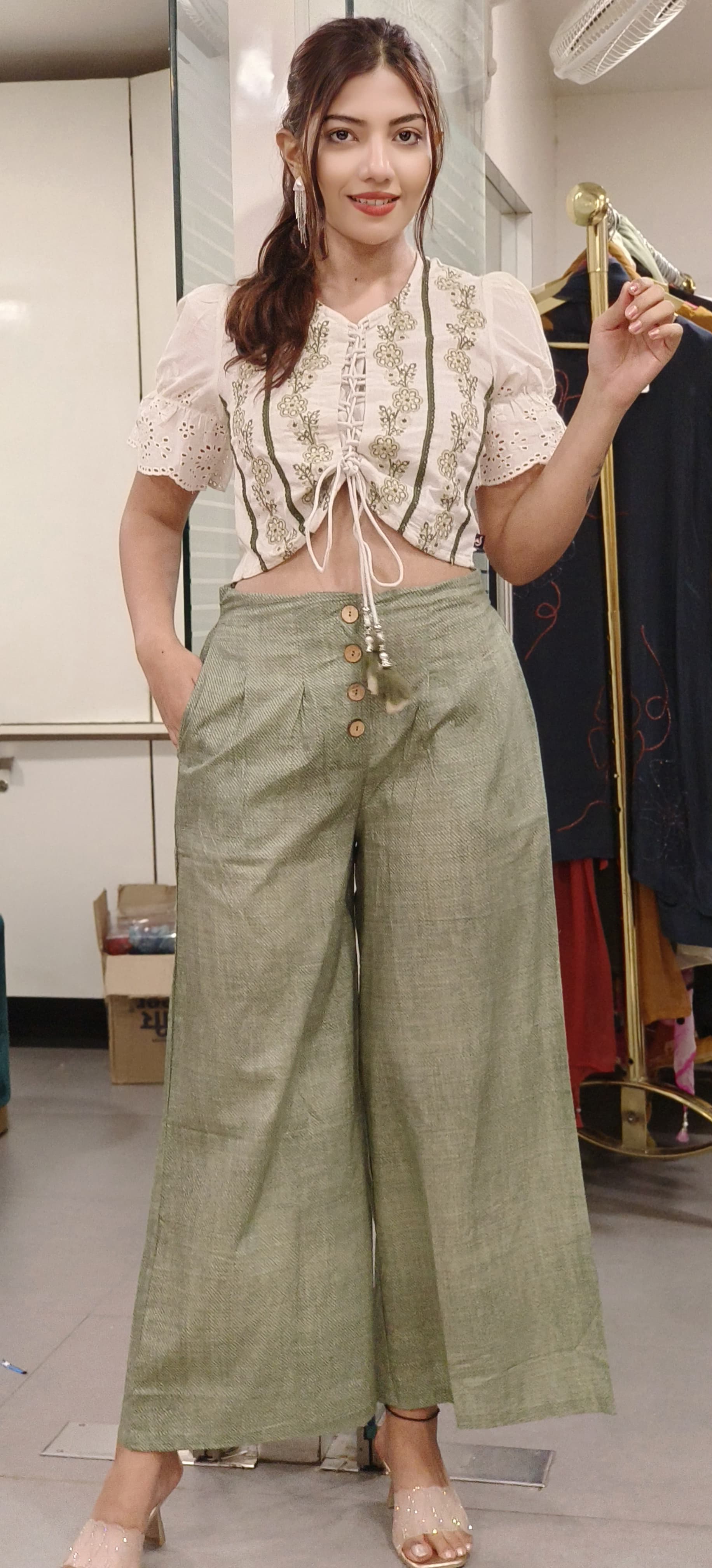 Embroidered Cotton Crop Top With Loose Pant-09438,09437