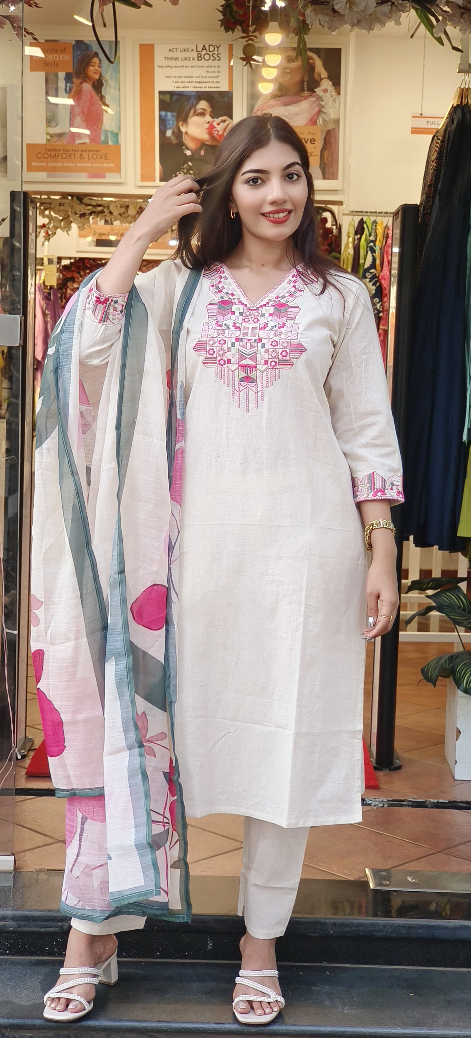 Beautiful Embroidered Neck Cotton Full Set With Floral Dupatta-9482