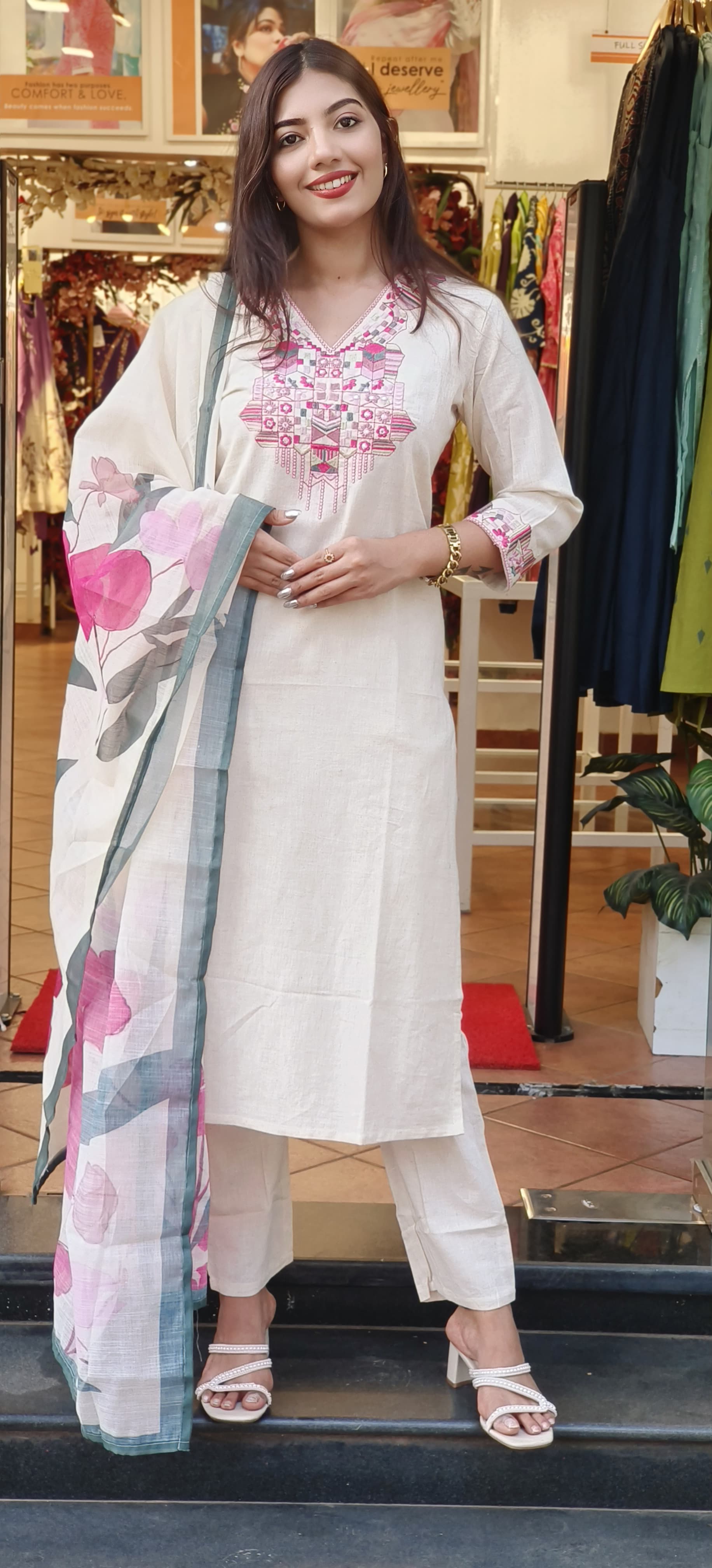 Beautiful Embroidered Neck Cotton Full Set With Floral Dupatta-9482