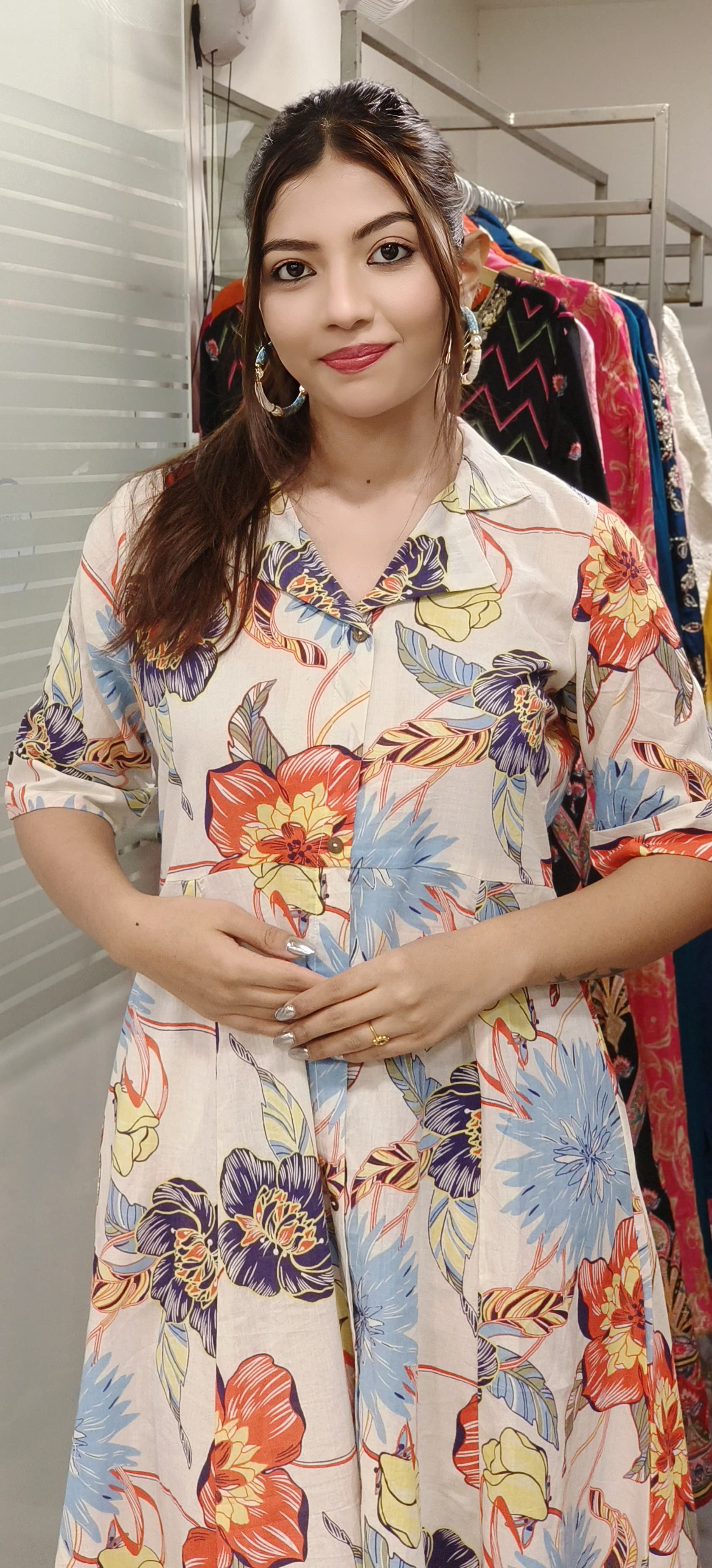 Cotton Collar Big Floral Print Casual Frock With Pocket 9532