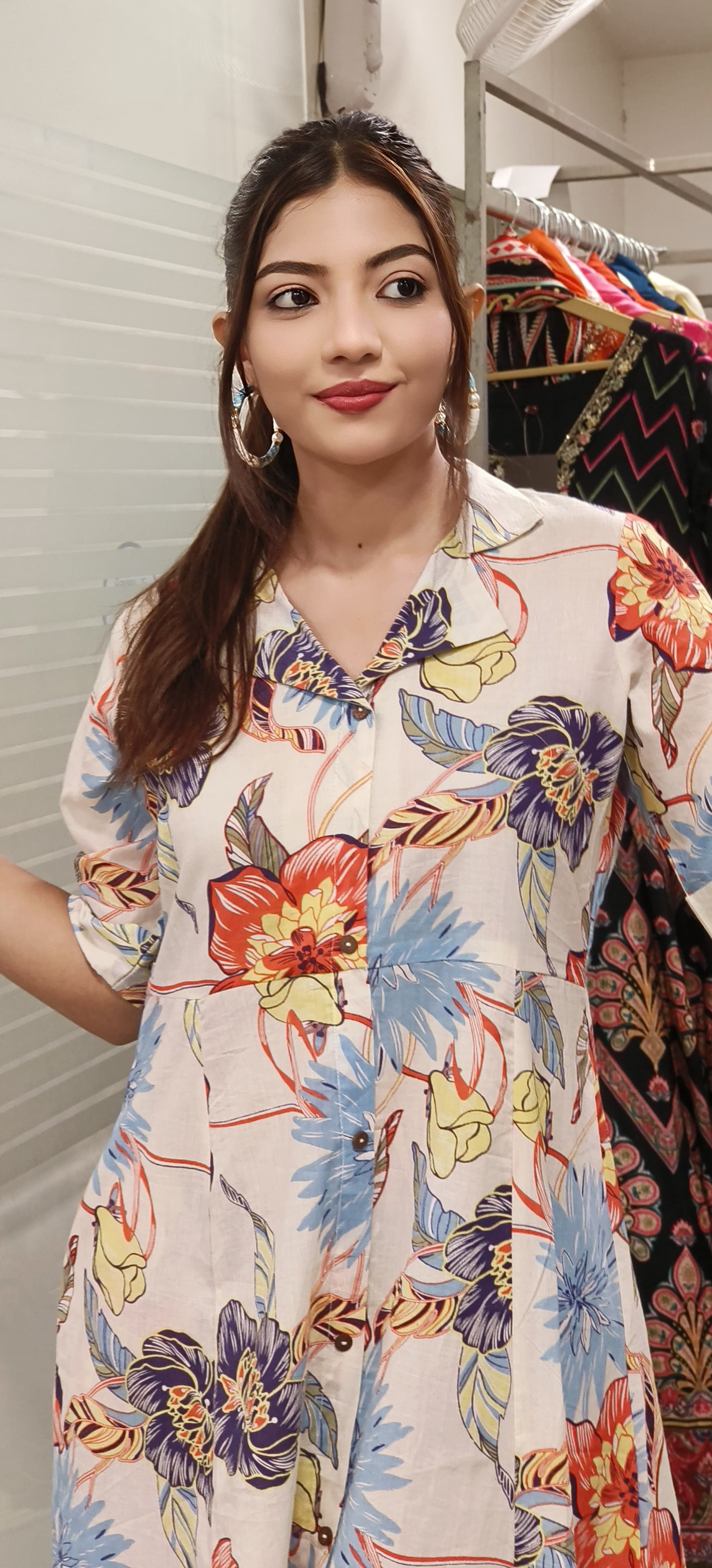 Cotton Collar Big Floral Print Casual Frock With Pocket 9532