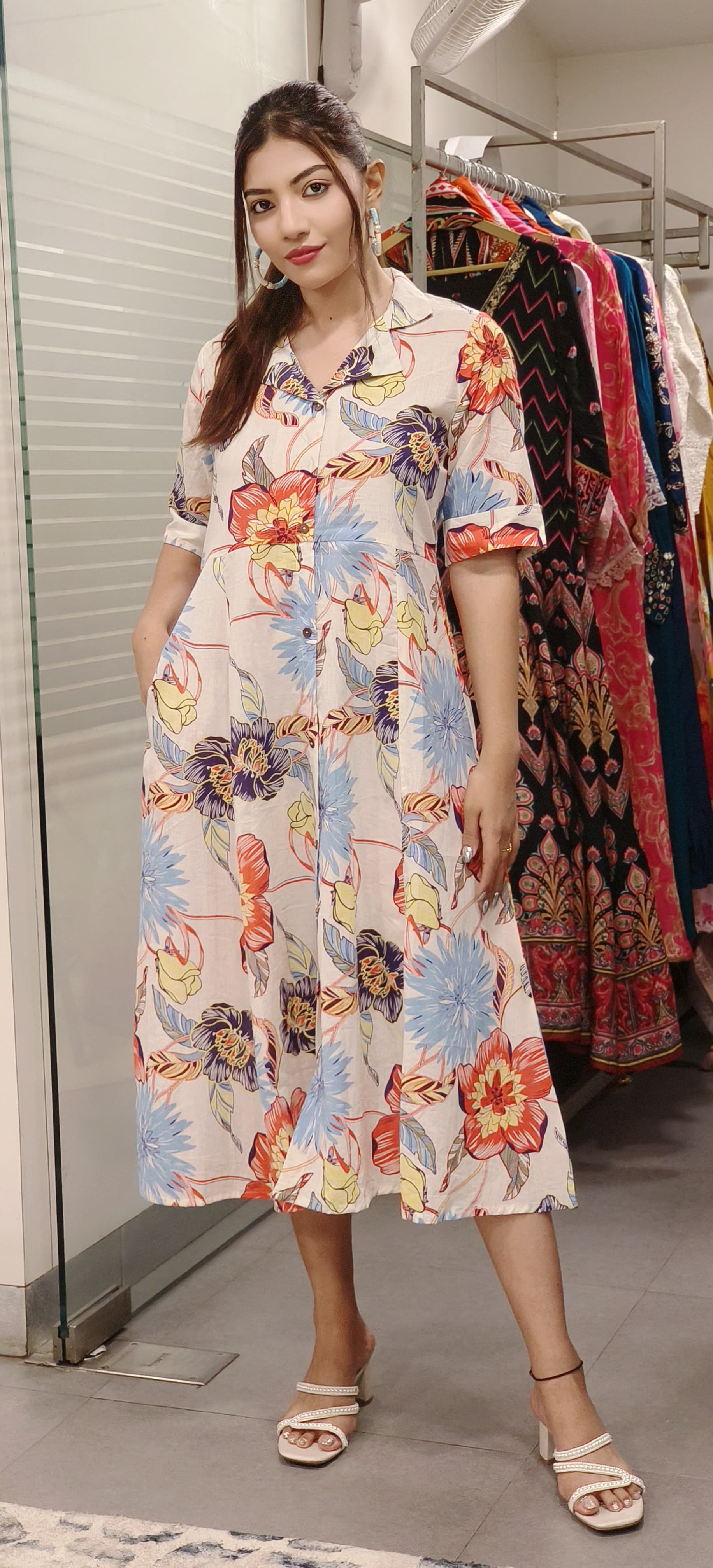 Cotton Collar Big Floral Print Casual Frock With Pocket 9532