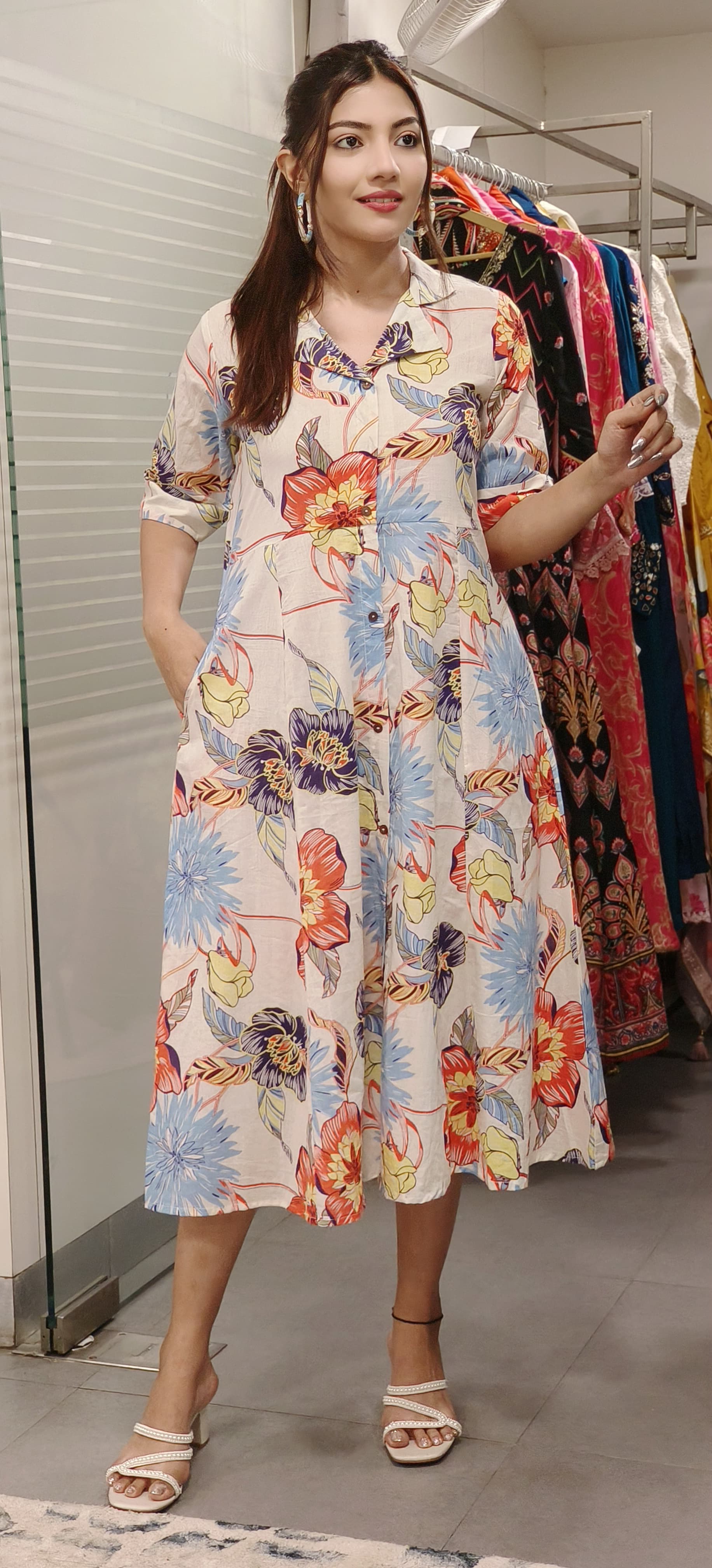 Cotton Collar Big Floral Print Casual Frock With Pocket 9532