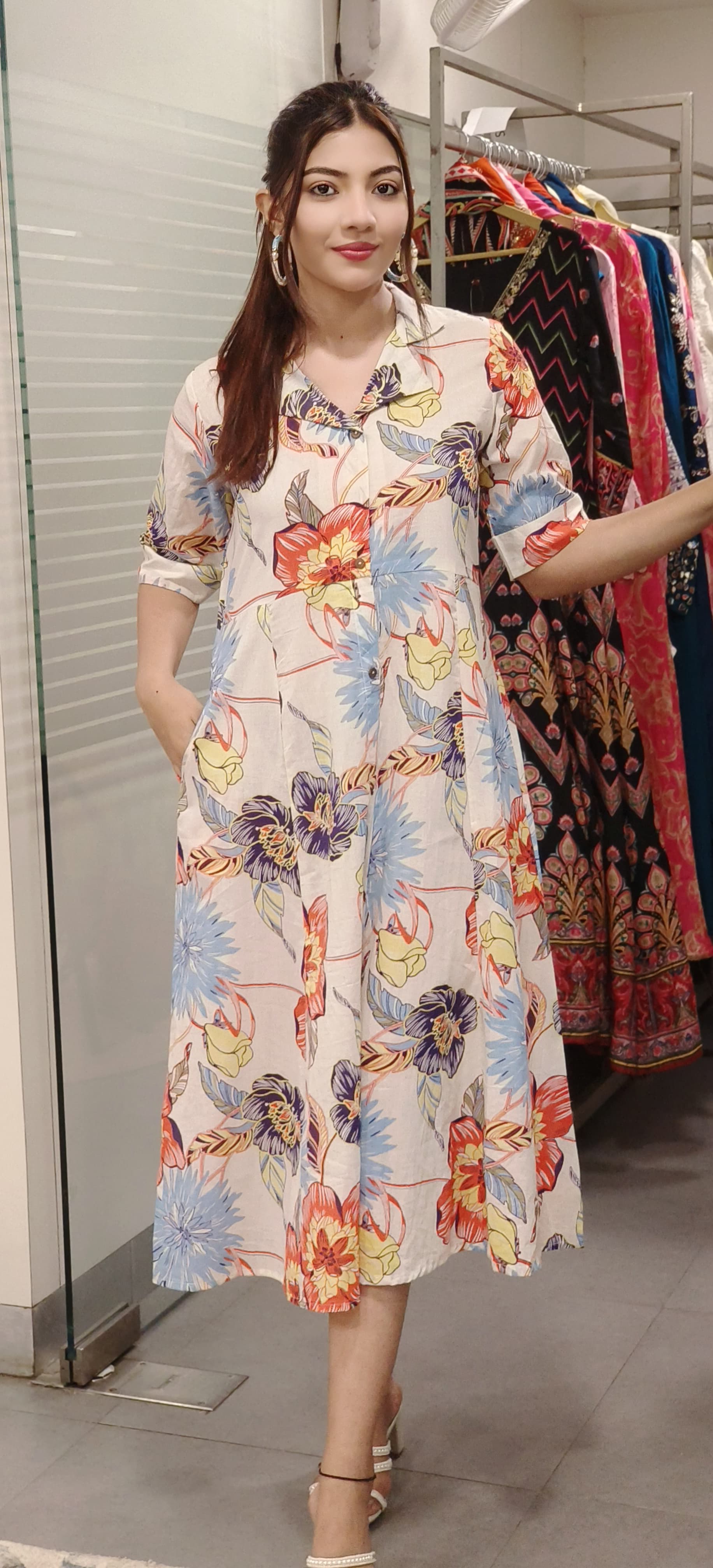Cotton Collar Big Floral Print Casual Frock With Pocket 9532