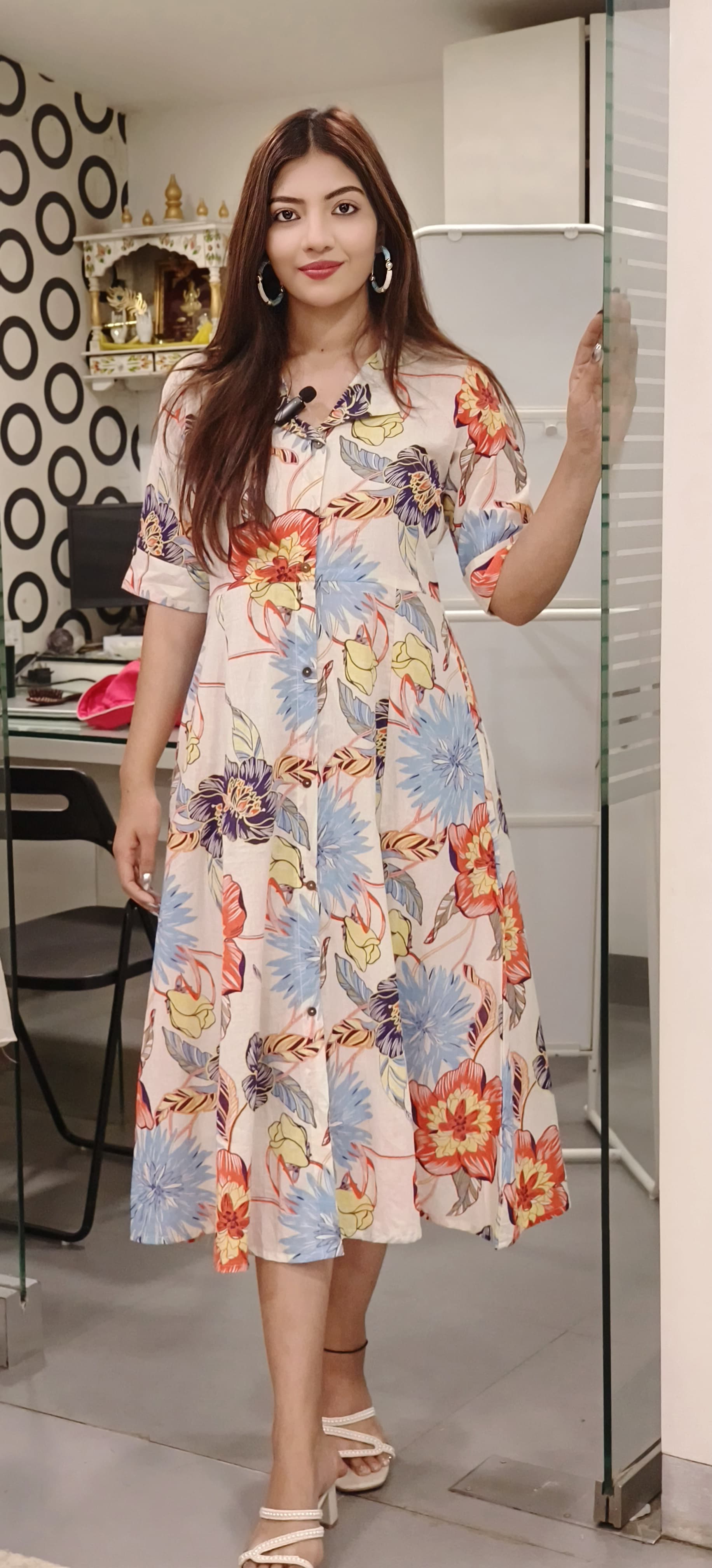 Cotton Collar Big Floral Print Casual Frock With Pocket 9532