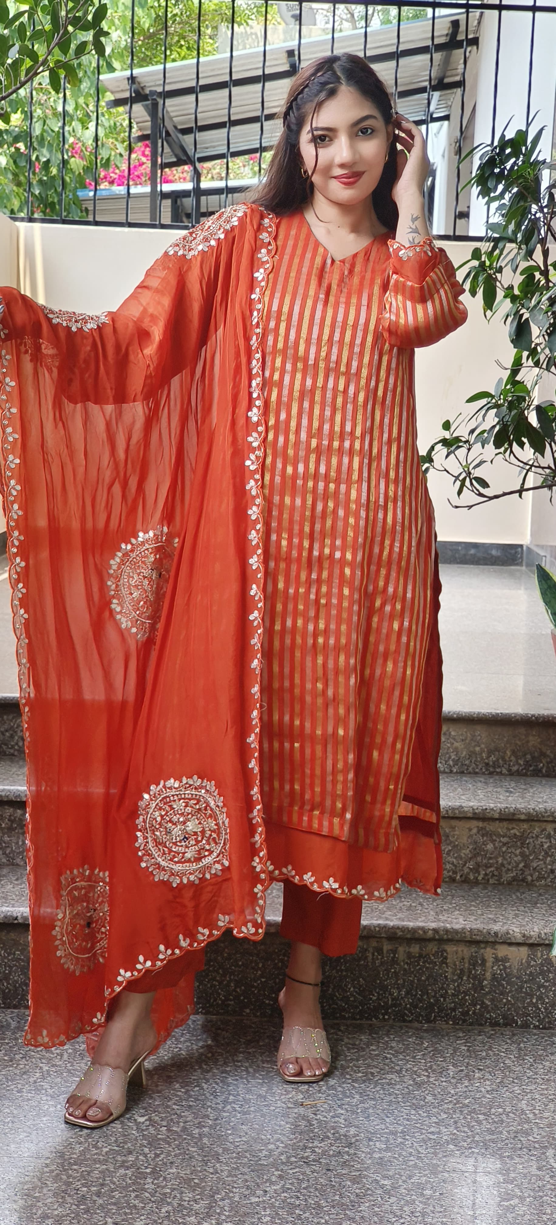 Beautiful Soft Organza Shimmer Tissue Full Kurta With Embroidered Organza Dupatta Set-9517