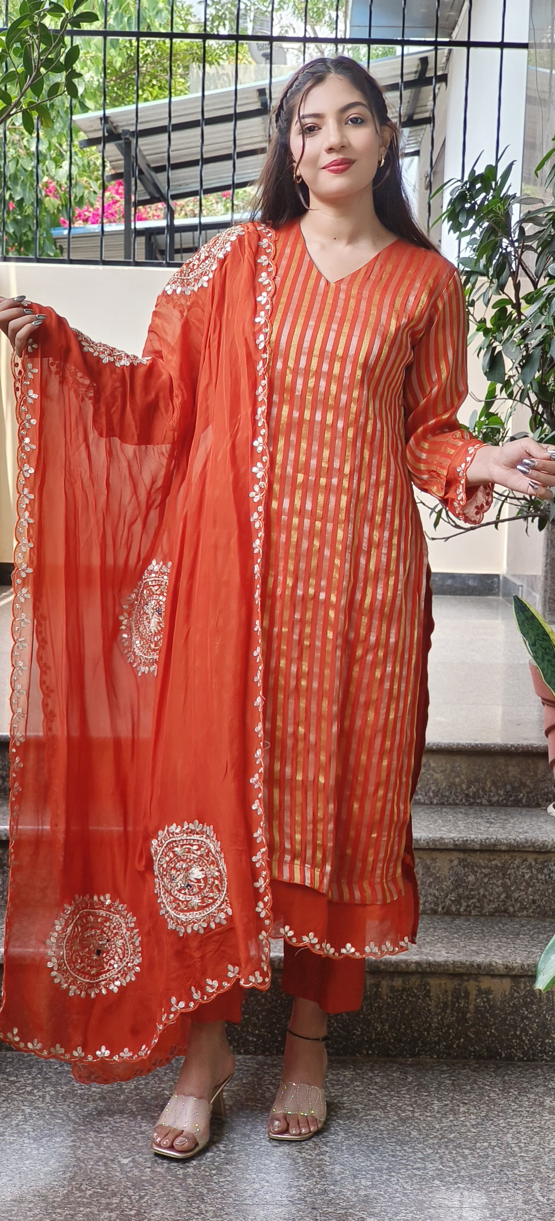 Beautiful Soft Organza Shimmer Tissue Full Kurta With Embroidered Organza Dupatta Set-9517