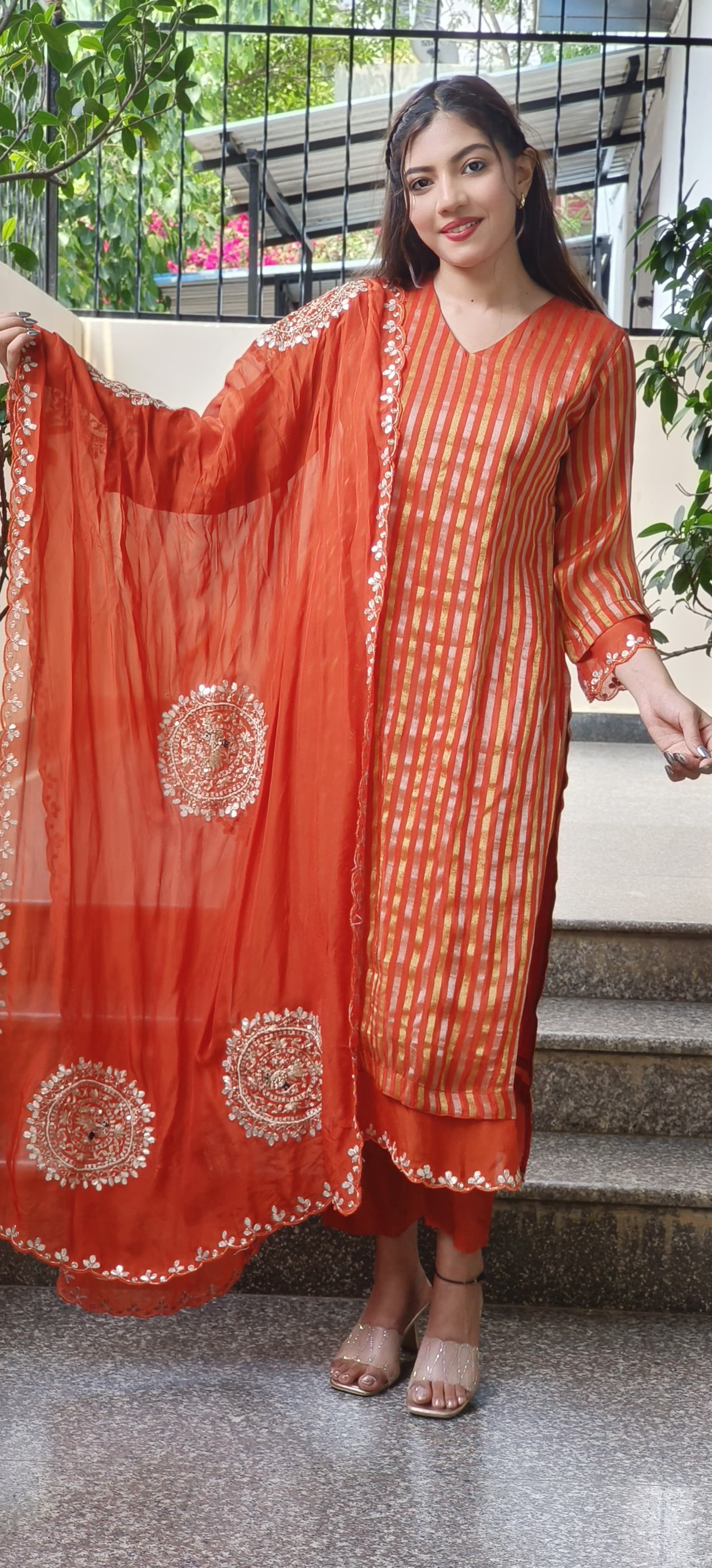 Beautiful Soft Organza Shimmer Tissue Full Kurta With Embroidered Organza Dupatta Set-9517