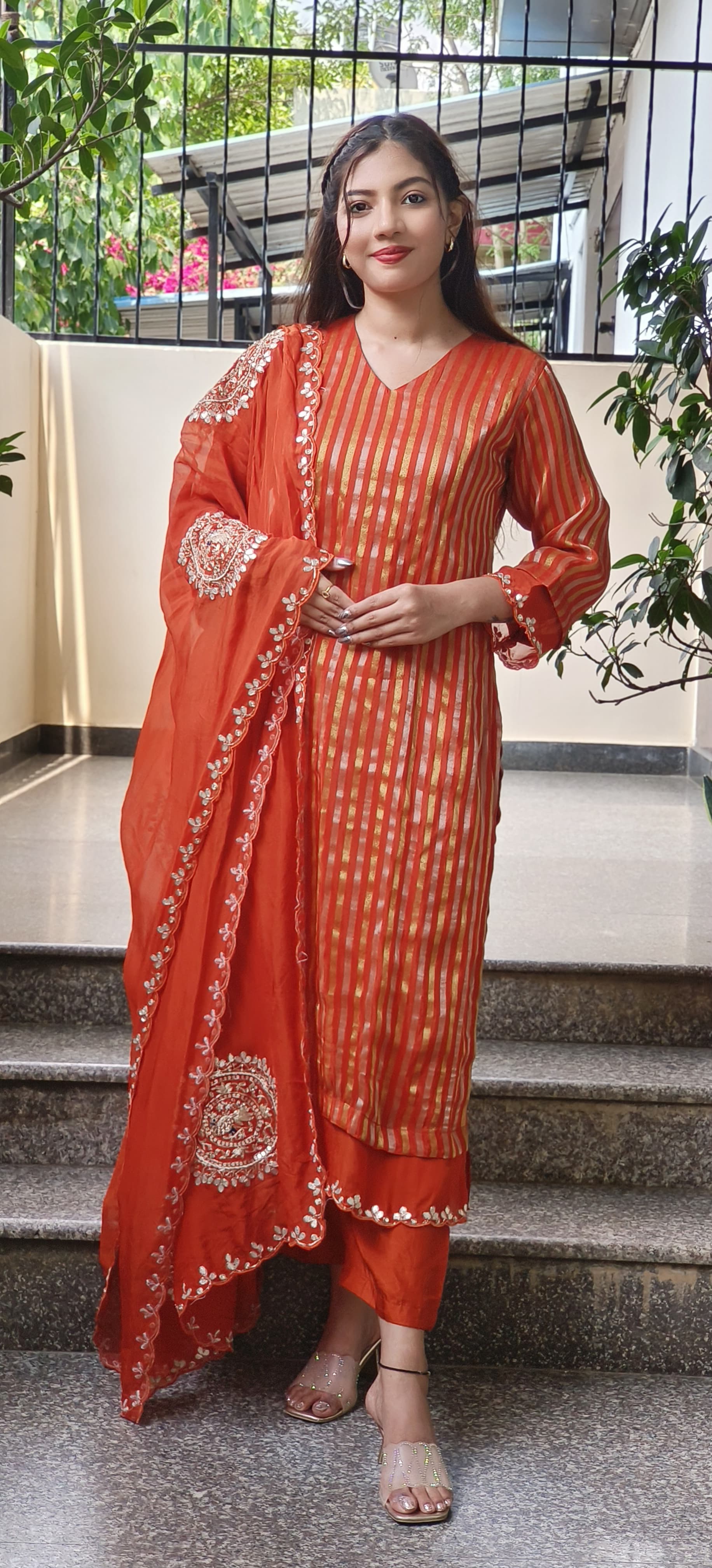 Beautiful Soft Organza Shimmer Tissue Full Kurta With Embroidered Organza Dupatta Set-9517