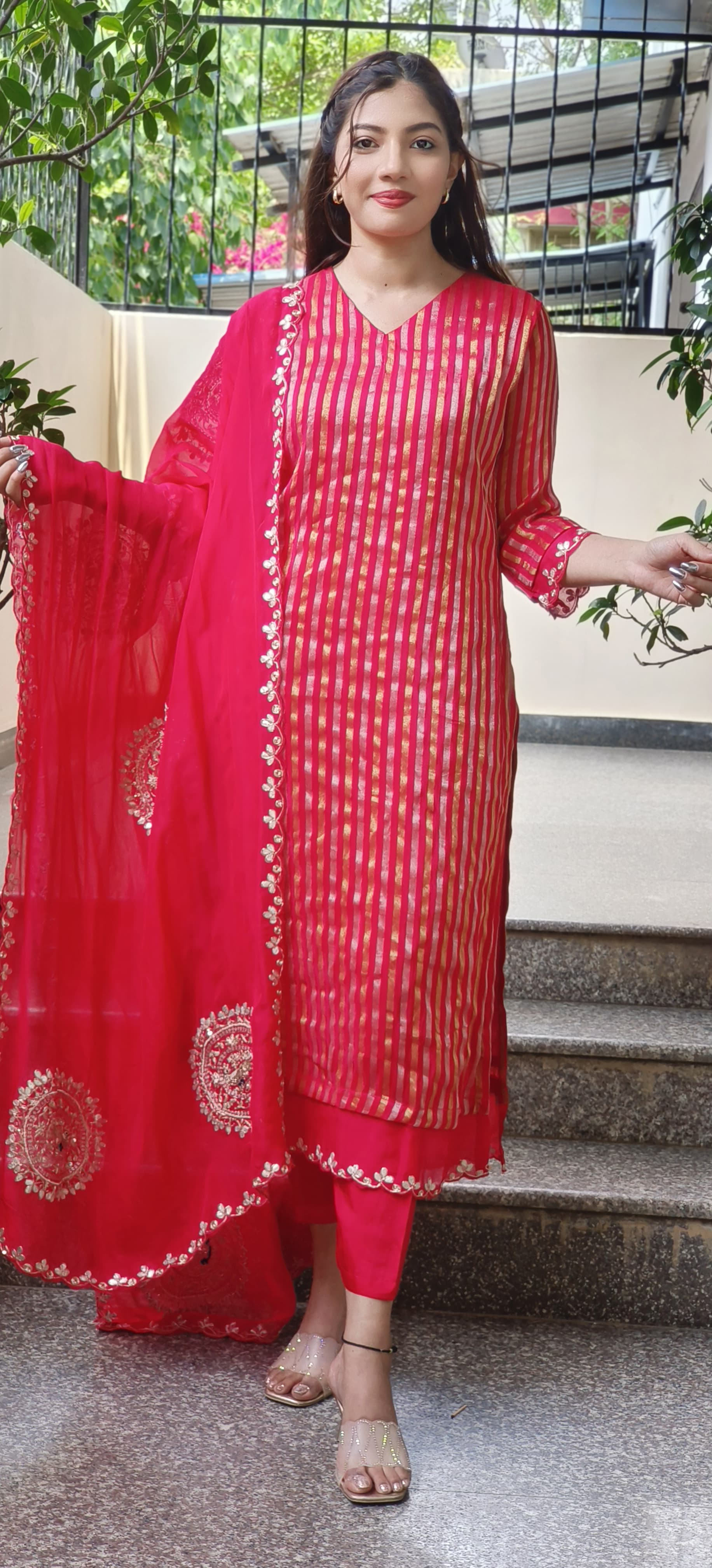 Beautiful Soft Organza Shimmer Tissue Full Kurta With Embroidered Organza Dupatta Set-9517