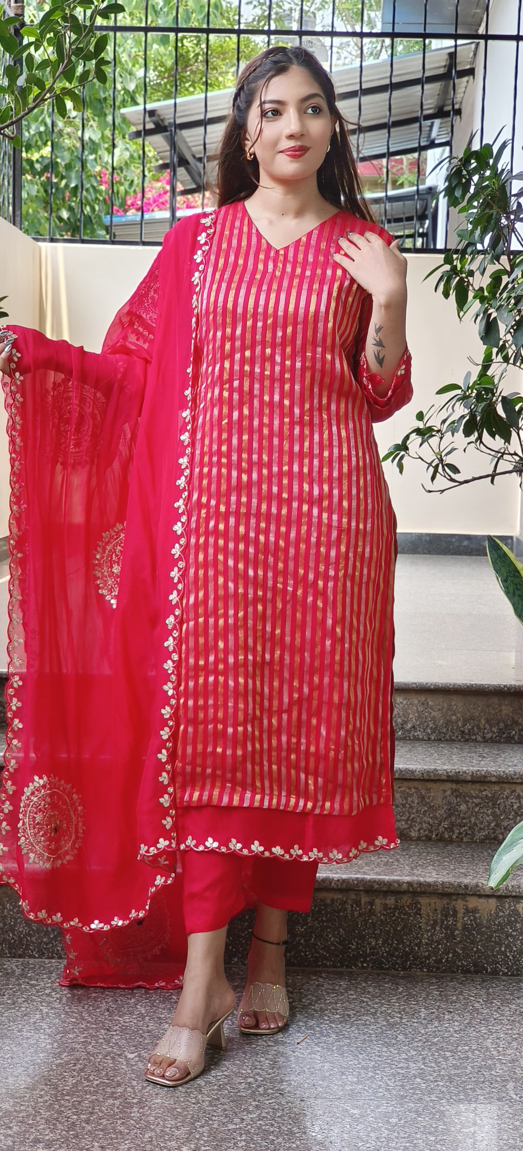 Beautiful Soft Organza Shimmer Tissue Full Kurta With Embroidered Organza Dupatta Set-9517