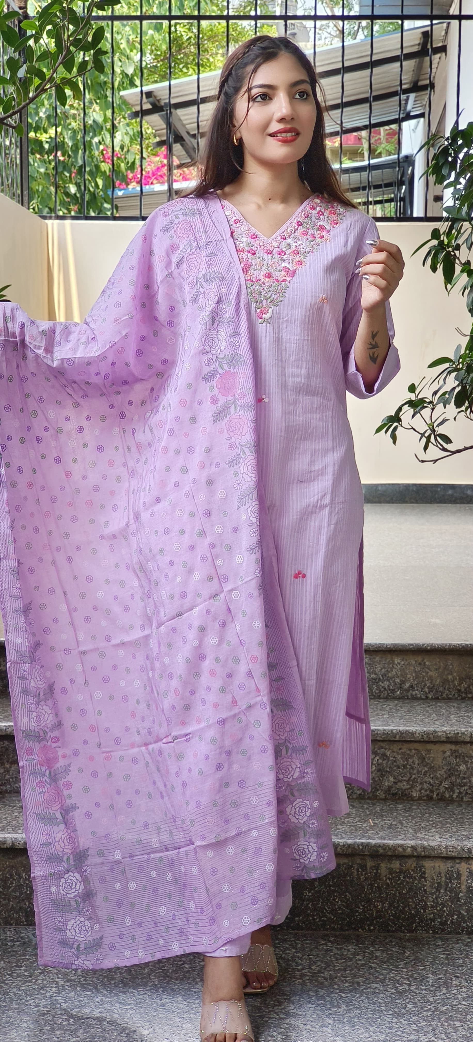 Beautiful Lilac Thread Embroidered Cotton Full suit set-9355