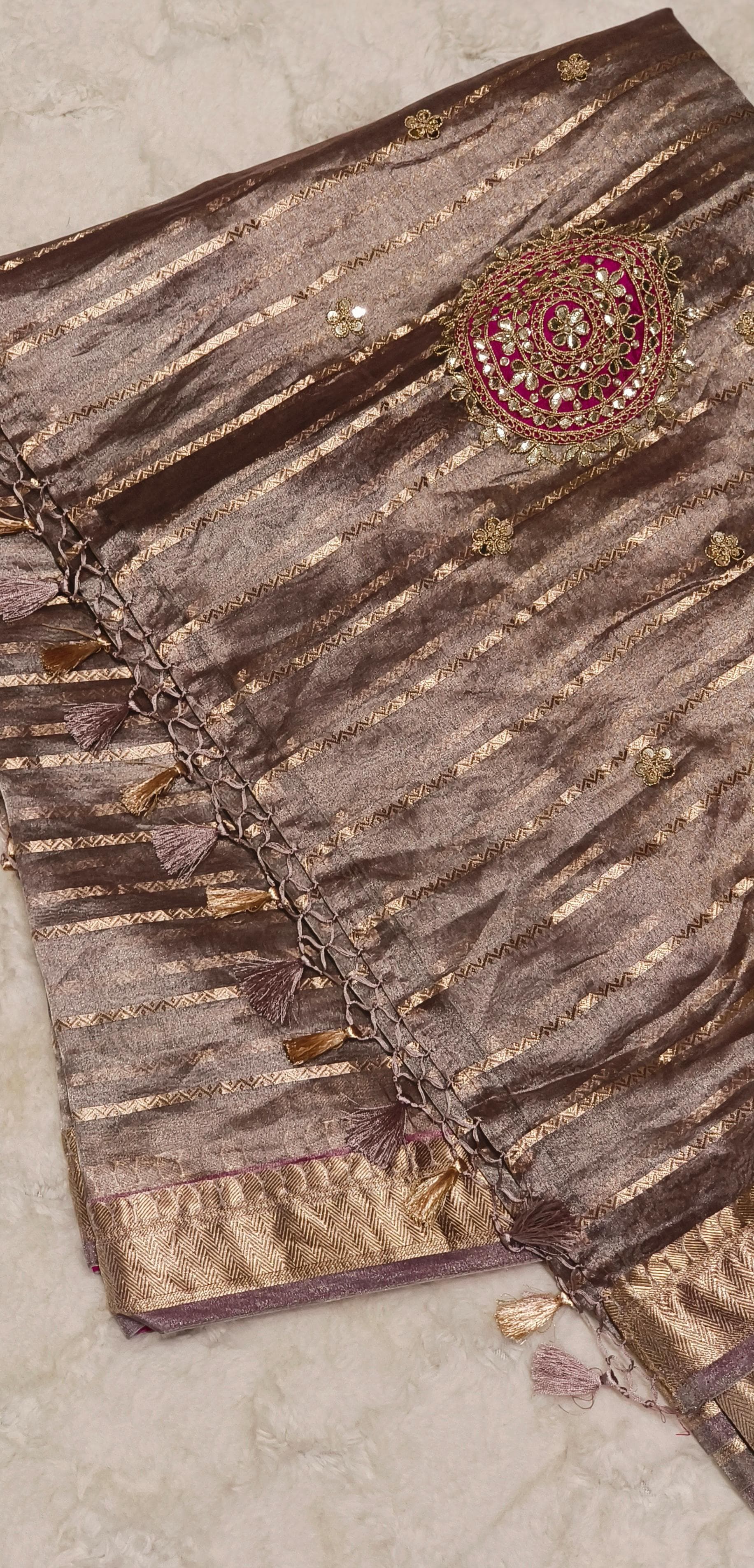 Heavy Embroidered Real Tissue Fabric Designer Saree With Stitched Padded Blouse