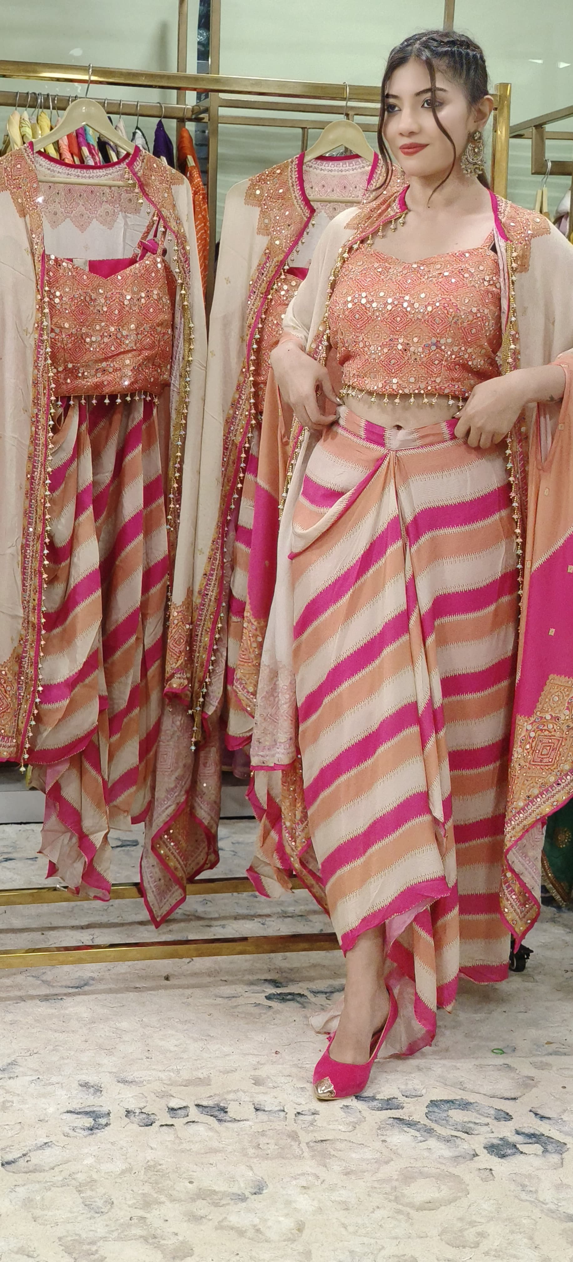 Indo Western Dhoti Pant With Crop Top And Shrug-9550
