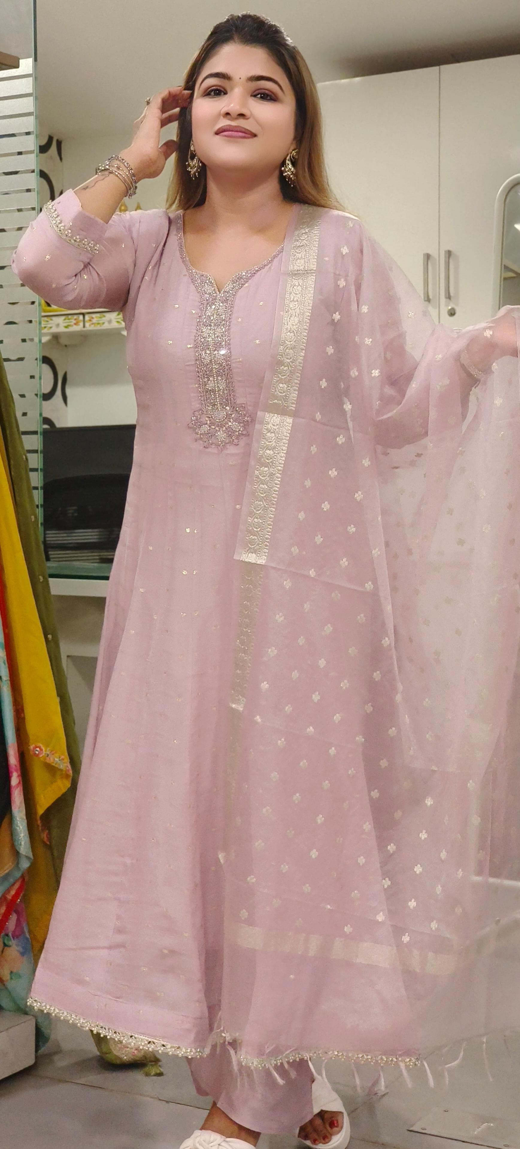Ethereal Long Organza Pannel Anarkali Suit with Intricately Embroidered Neckline, Matching Dupatta, and Coordinated Pants-08674