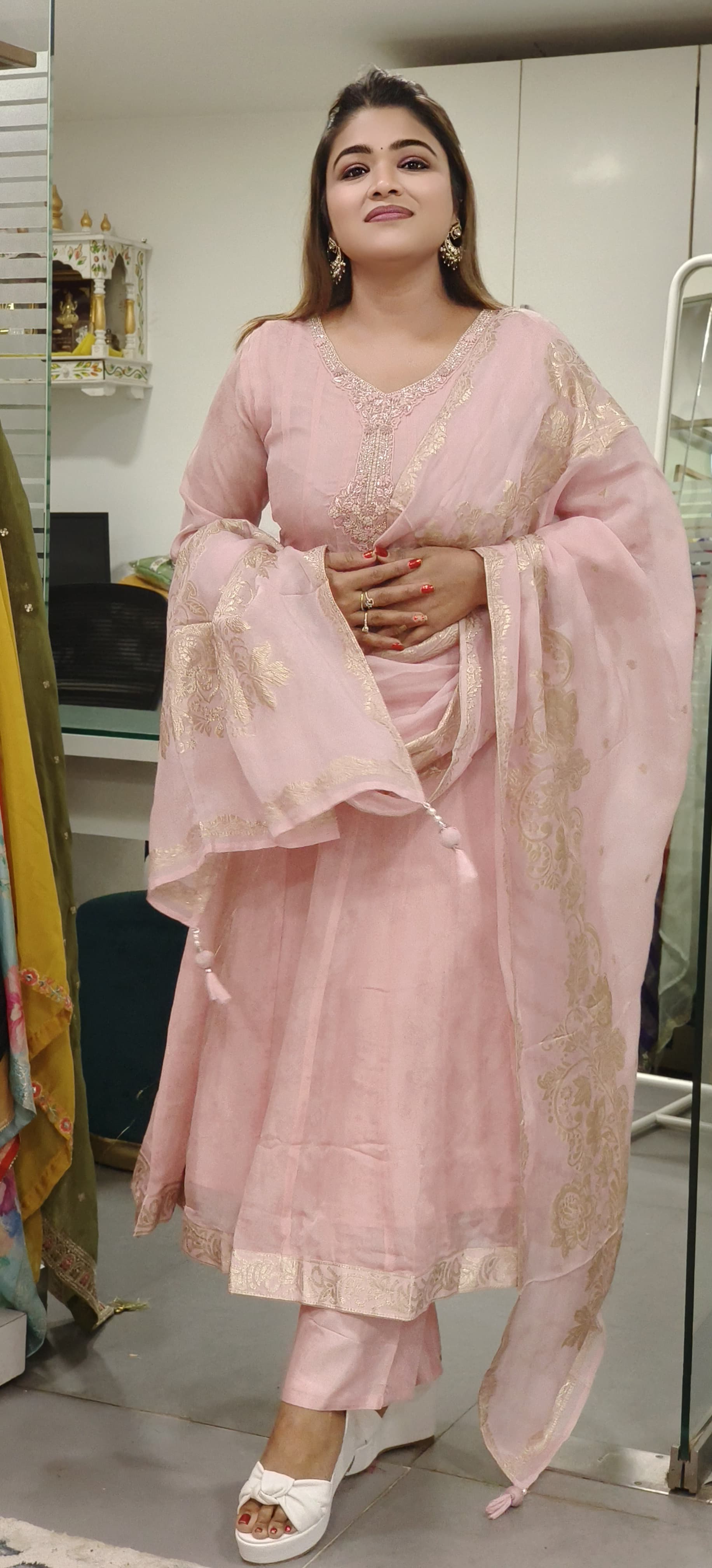 Ethereal Long Organza Pannel Anarkali Suit with Intricately Embroidered Neckline, Matching Dupatta, and Coordinated Pants-08674