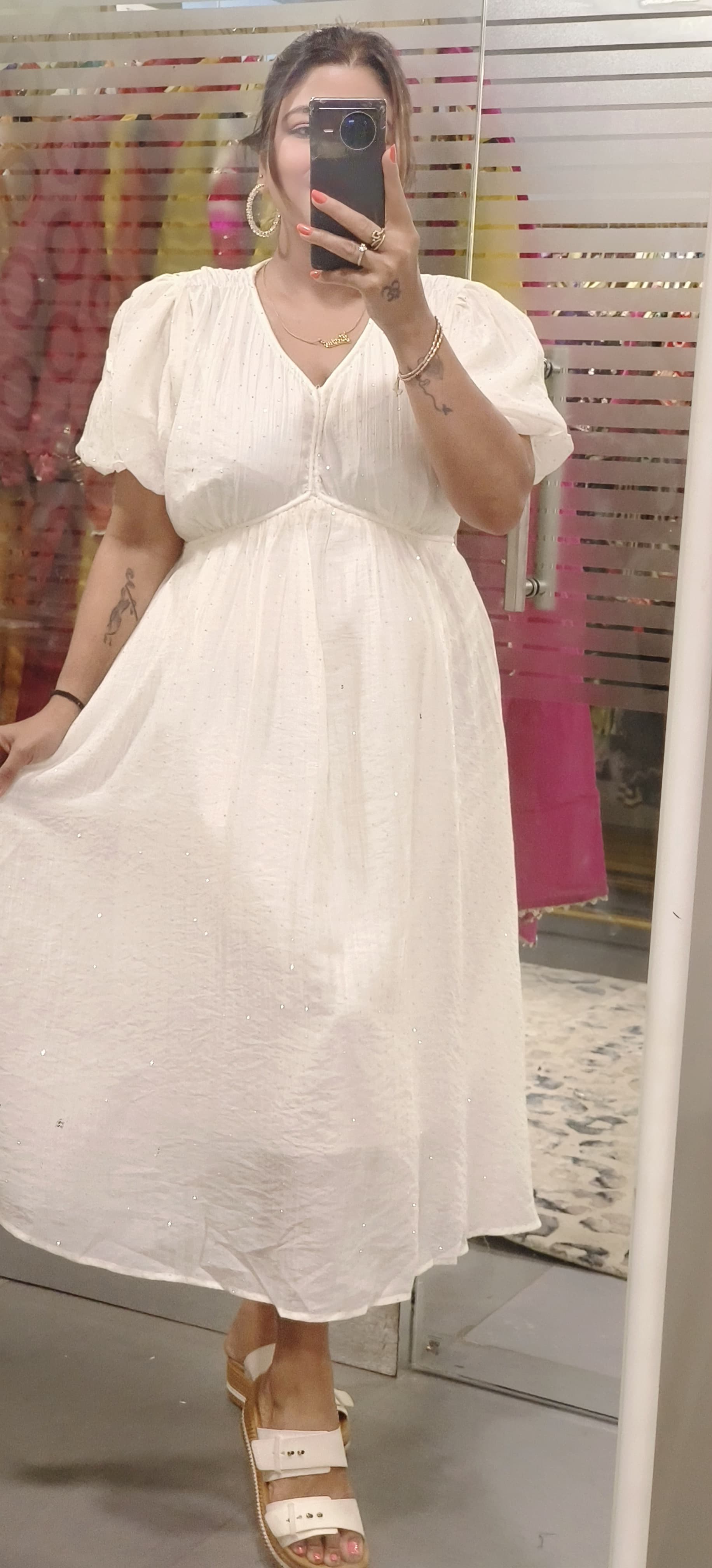 Elegant Shimmer Stone Gathered Midi Dress with Puff Sleeves