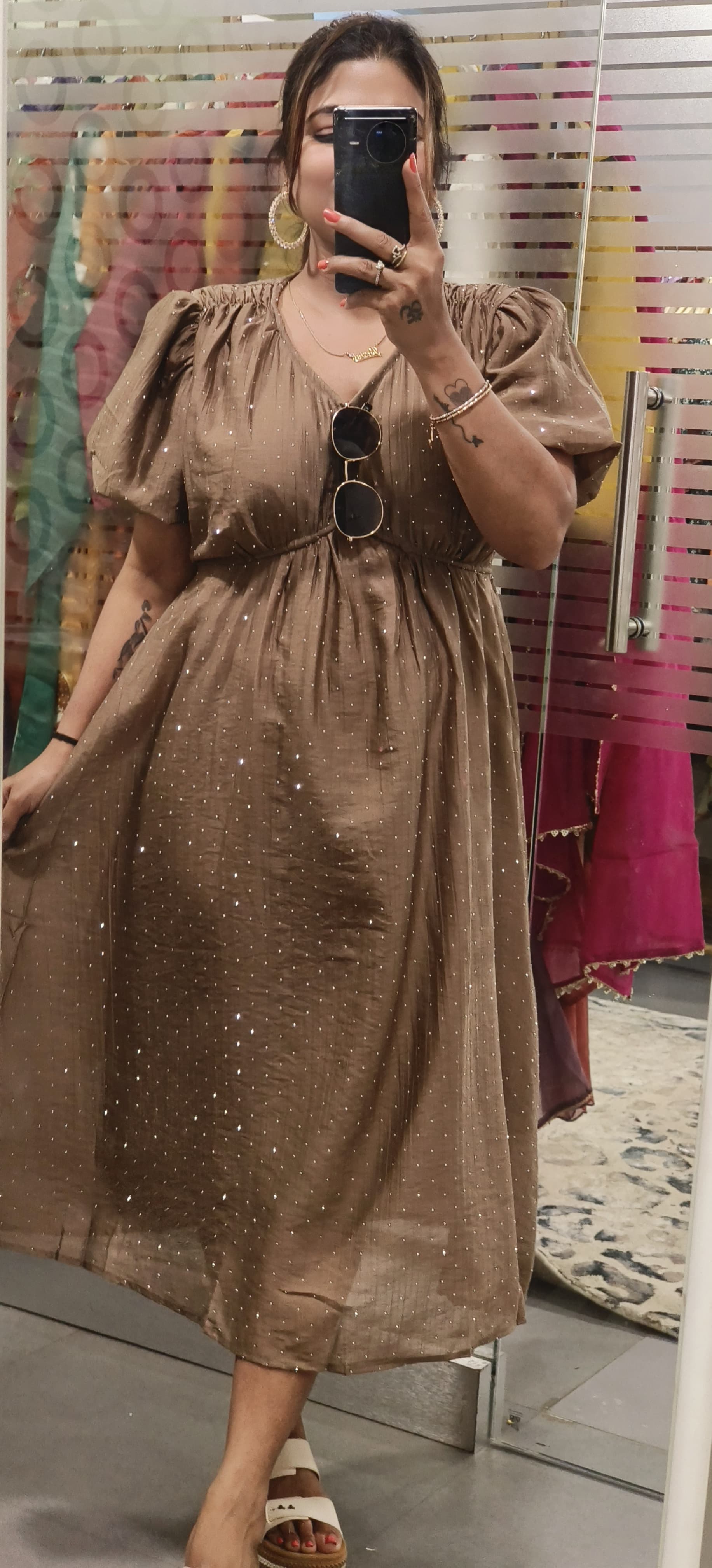 Elegant Shimmer Stone Gathered Midi Dress with Puff Sleeves