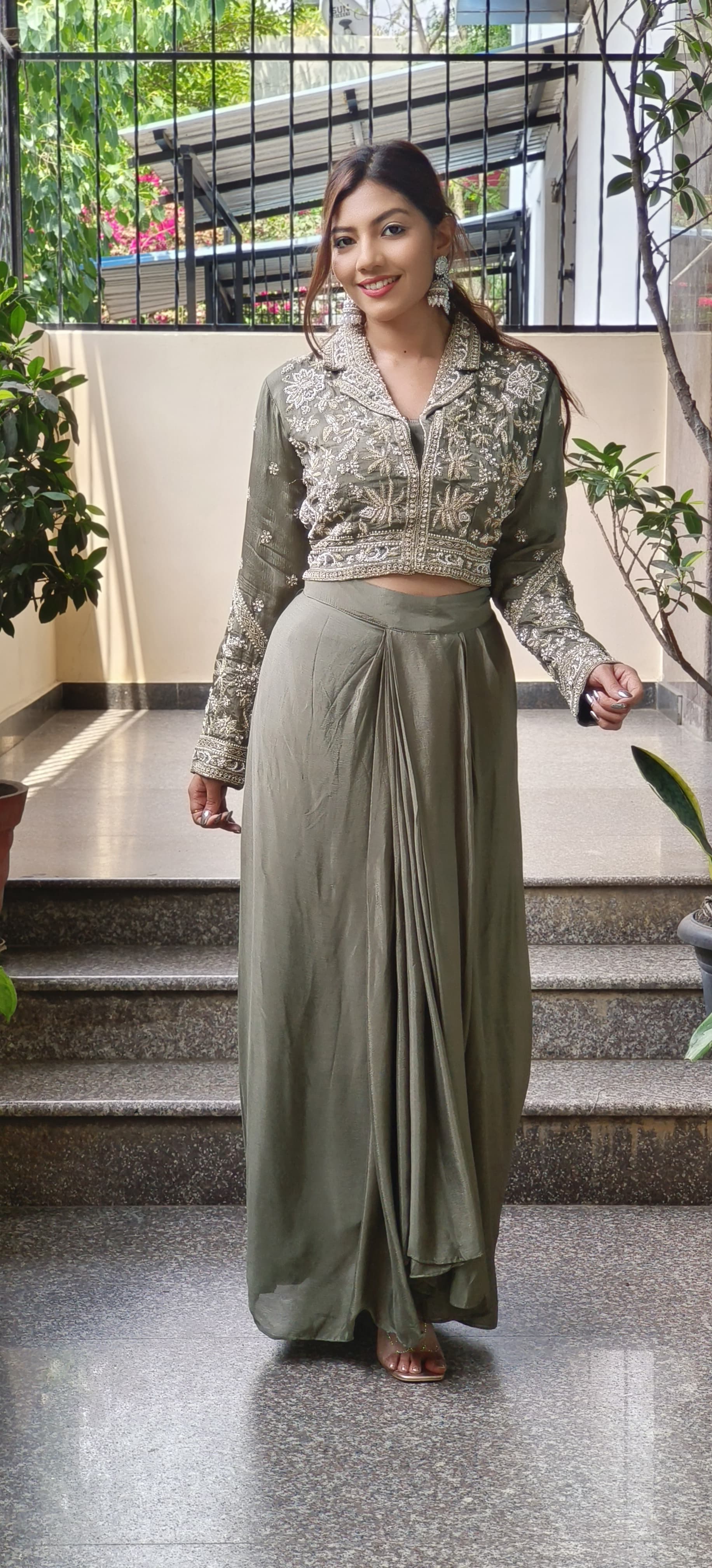 Heavy Pearl Cut Dana Embroidered Indo Western Wear Short Buster With Draped Skirt And Embroidered Jacket 09649,09650