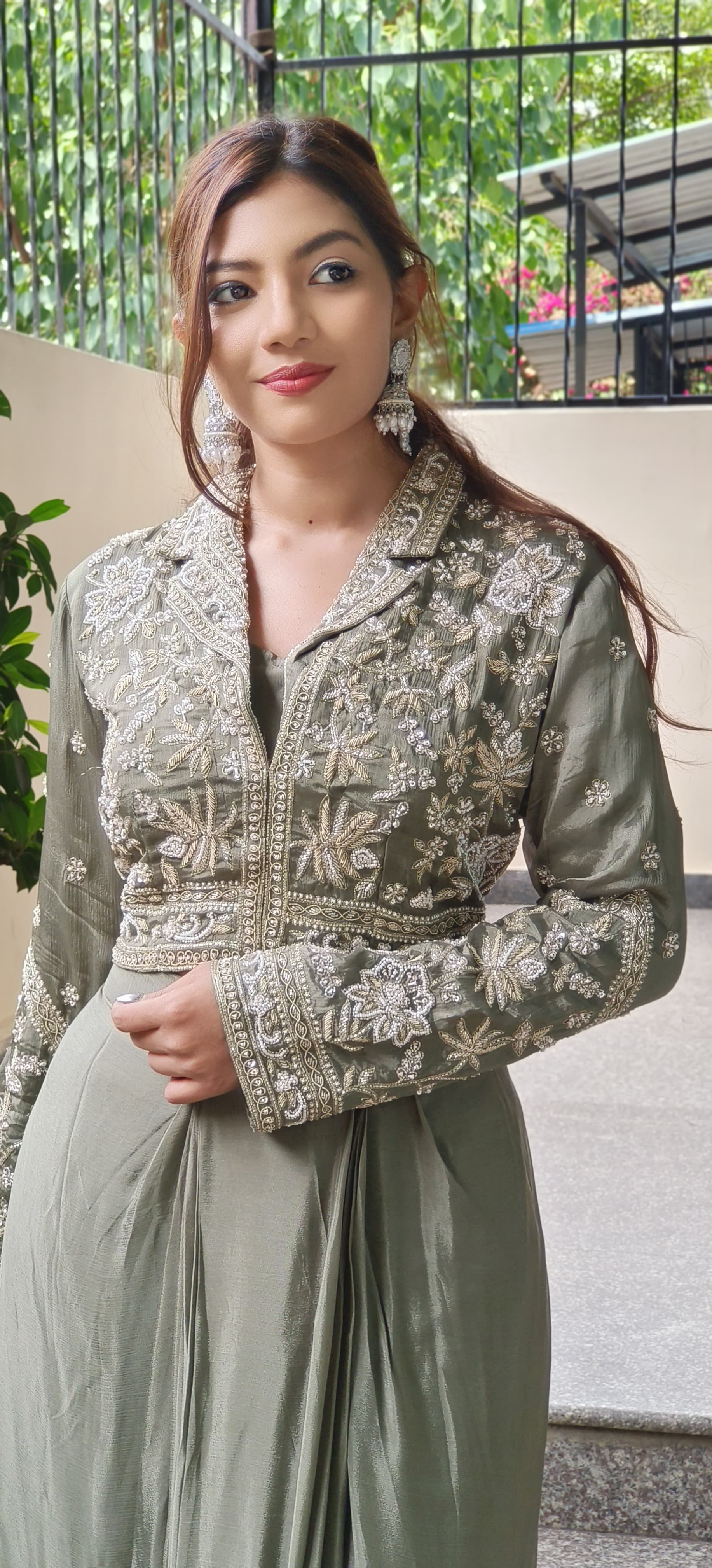 Heavy Pearl Cut Dana Embroidered Indo Western Wear Short Buster With Draped Skirt And Embroidered Jacket 09649,09650