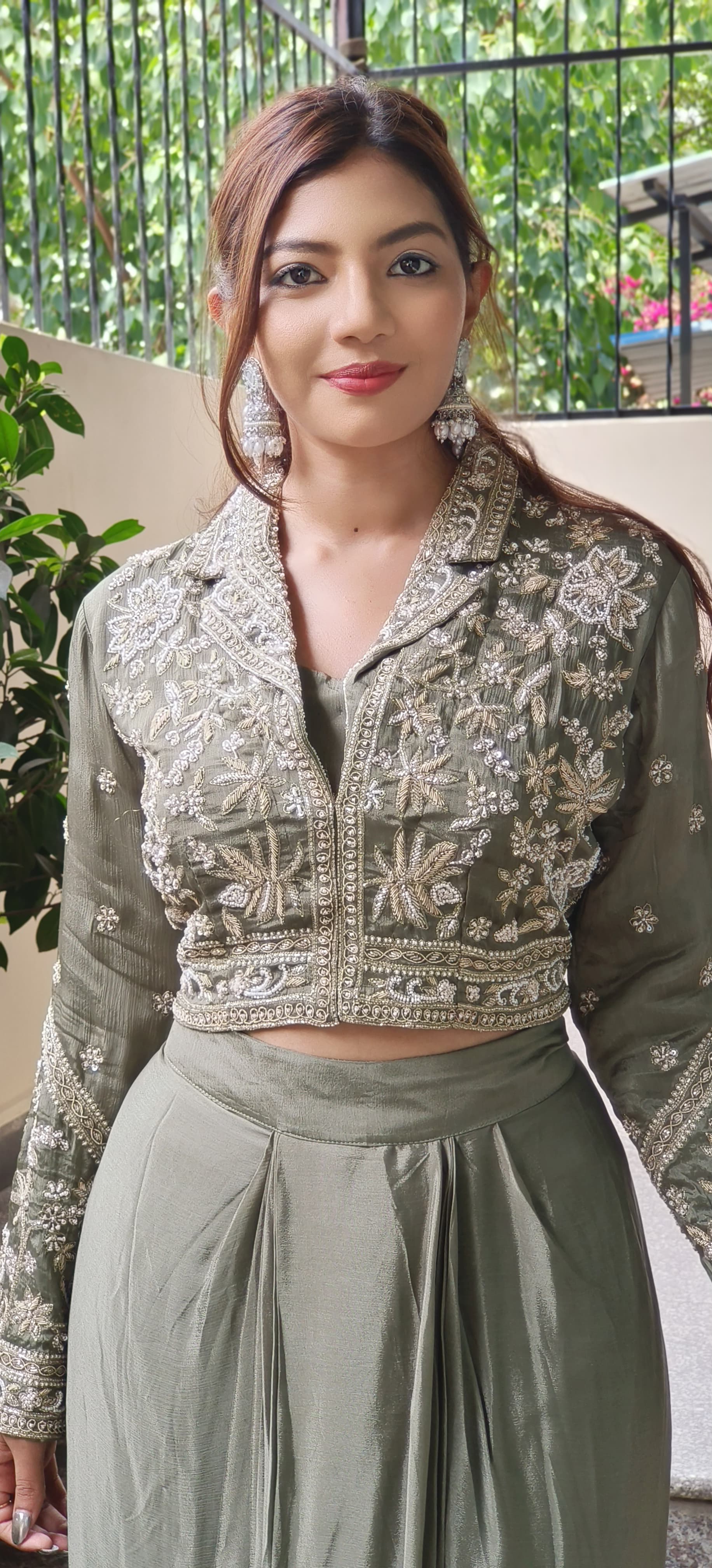 Heavy Pearl Cut Dana Embroidered Indo Western Wear Short Buster With Draped Skirt And Embroidered Jacket 09649,09650