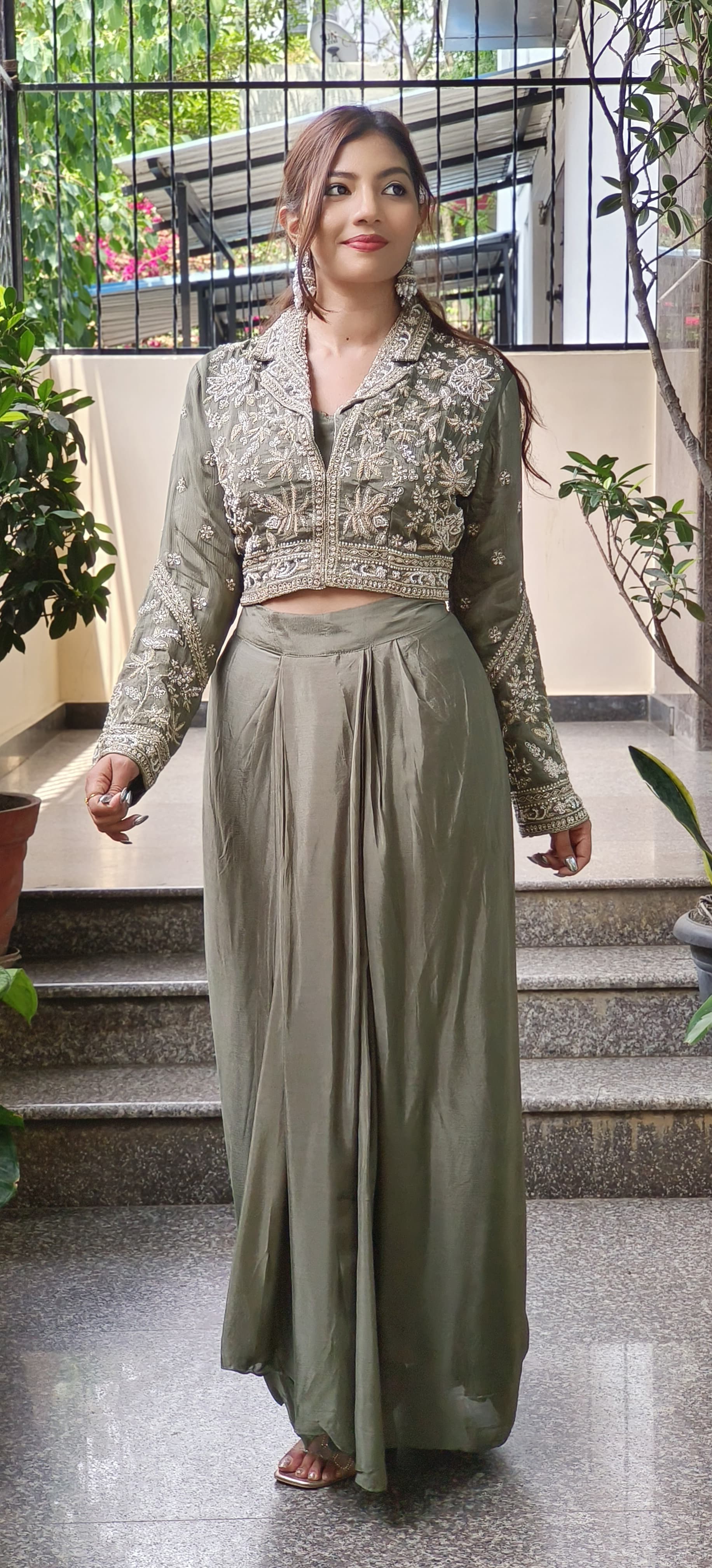 Heavy Pearl Cut Dana Embroidered Indo Western Wear Short Buster With Draped Skirt And Embroidered Jacket 09649,09650