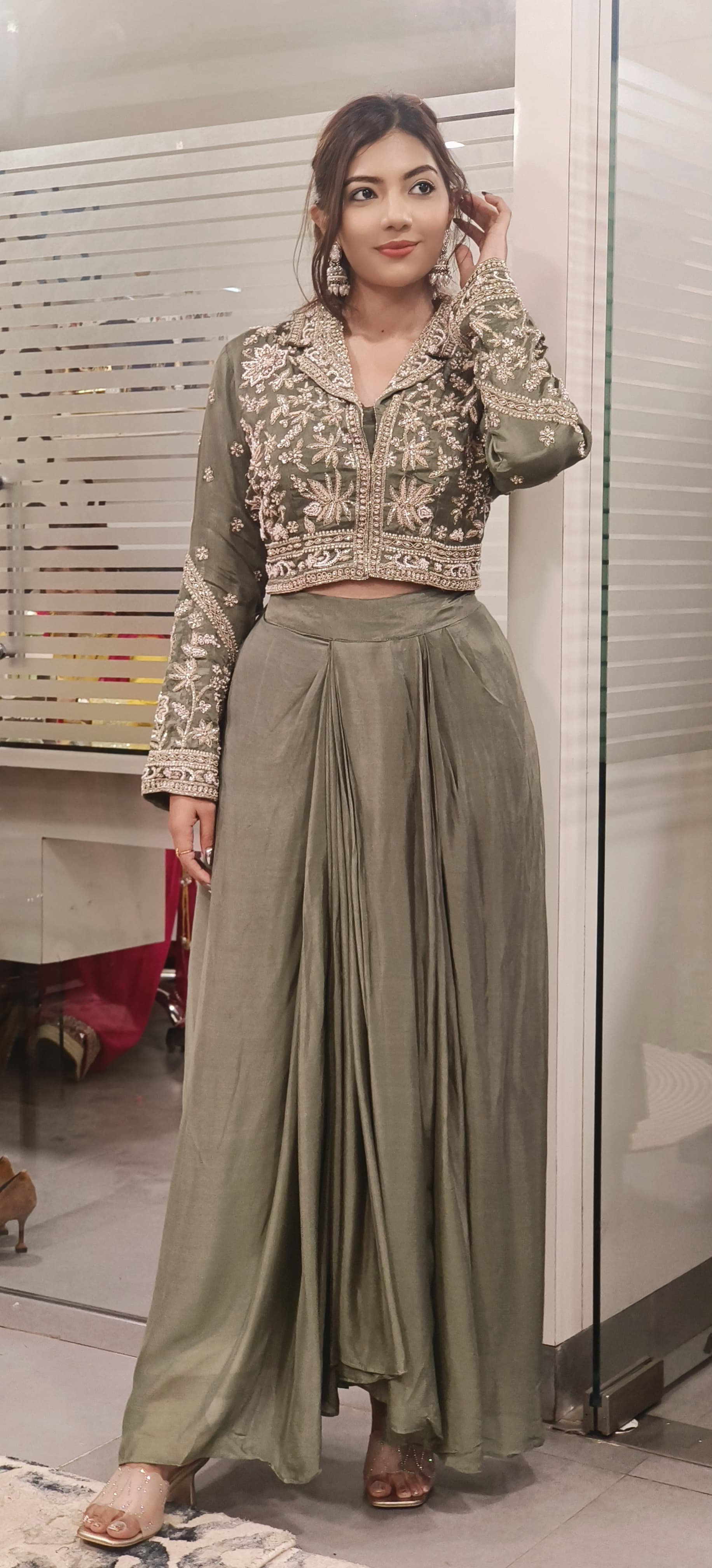 Heavy Pearl Cut Dana Embroidered Indo Western Wear Short Buster With Draped Skirt And Embroidered Jacket 09649,09650