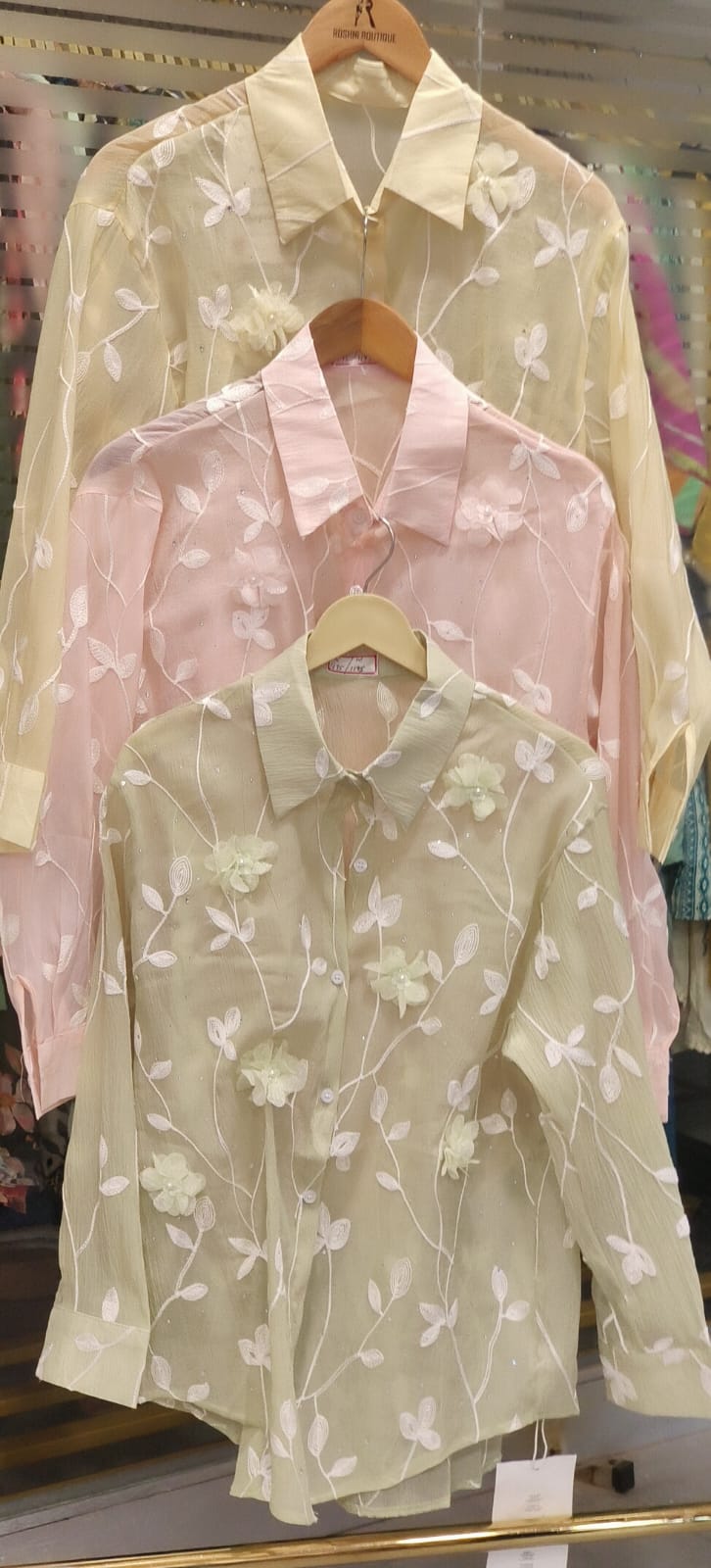 Shimmery Transparent Floral Full Length Collar Shirt