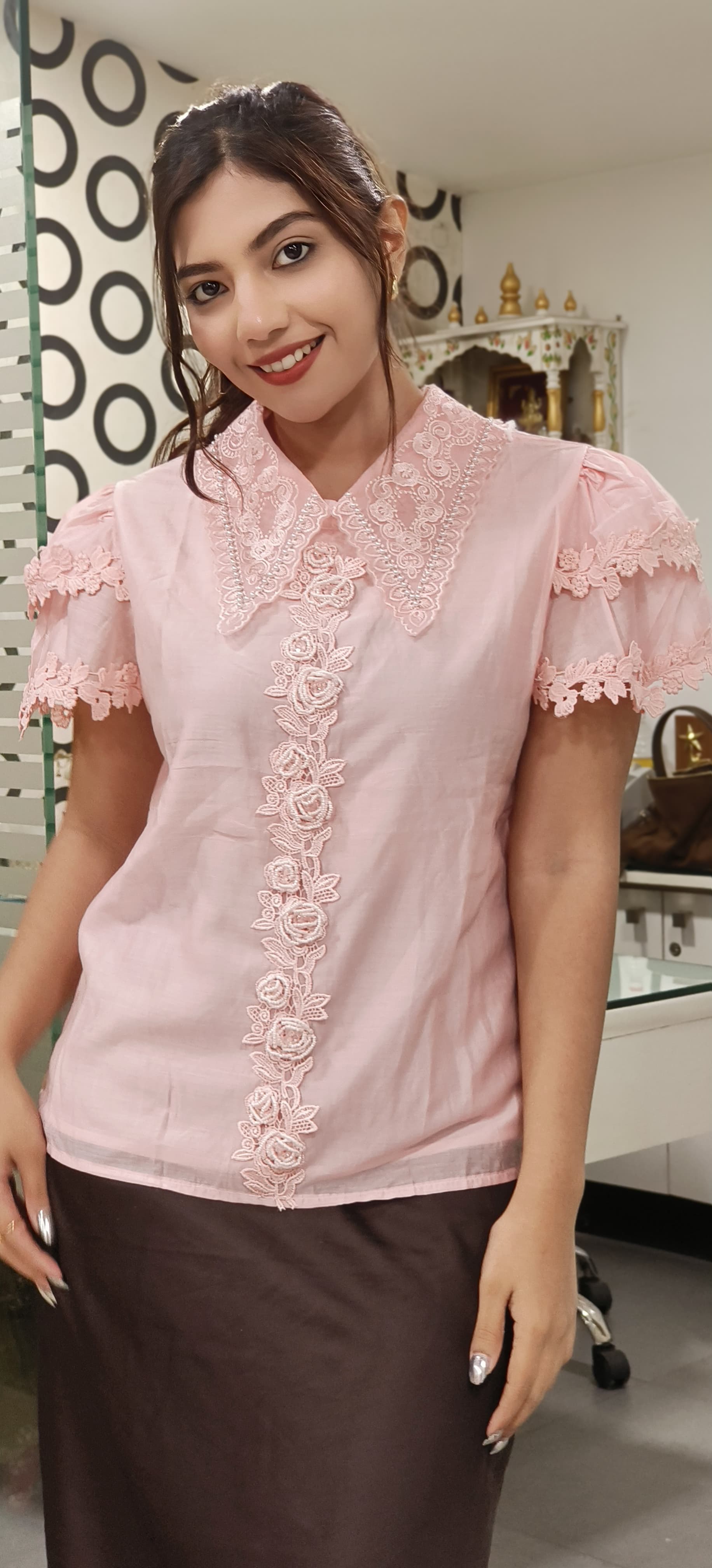 Thread Embroidered With Neck Pearl Work Collar Shirt