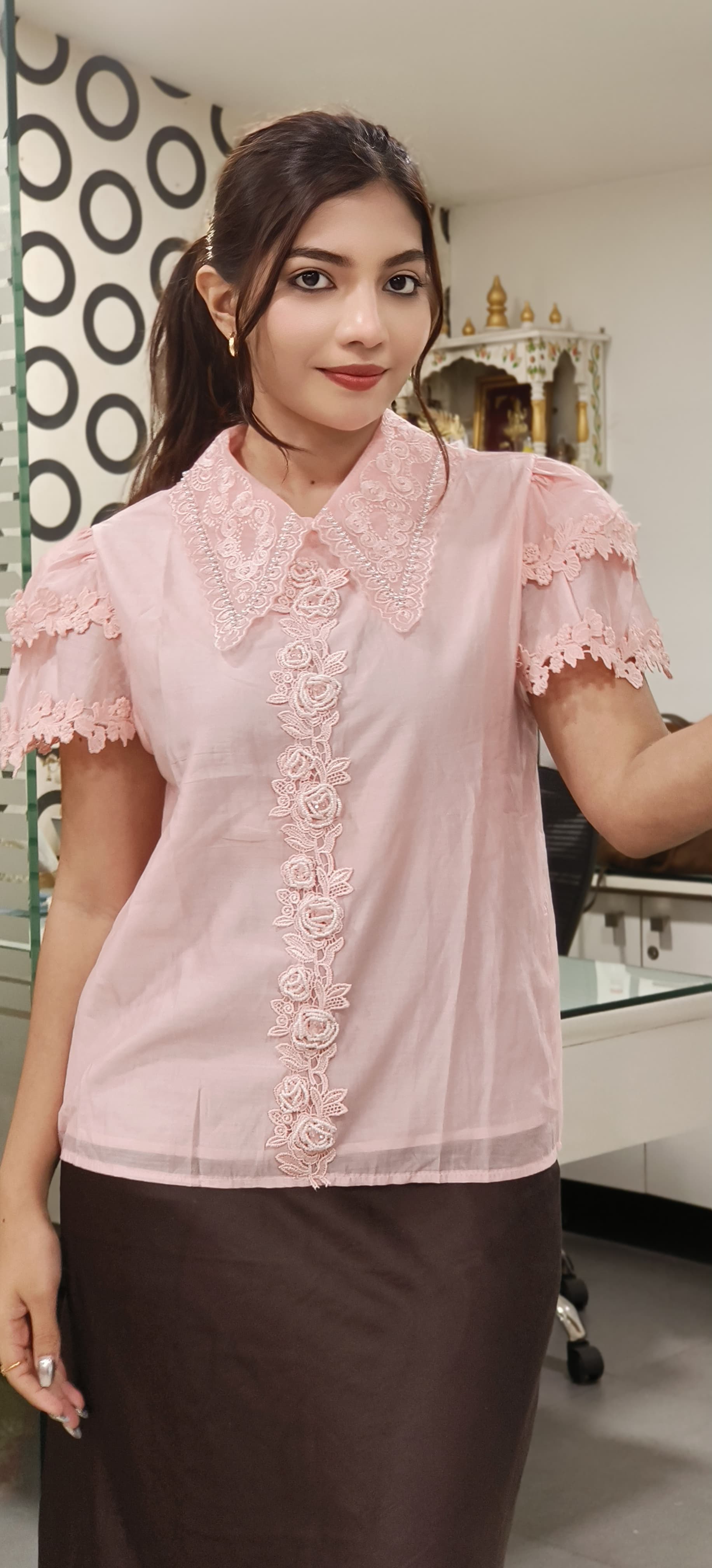 Thread Embroidered With Neck Pearl Work Collar Shirt