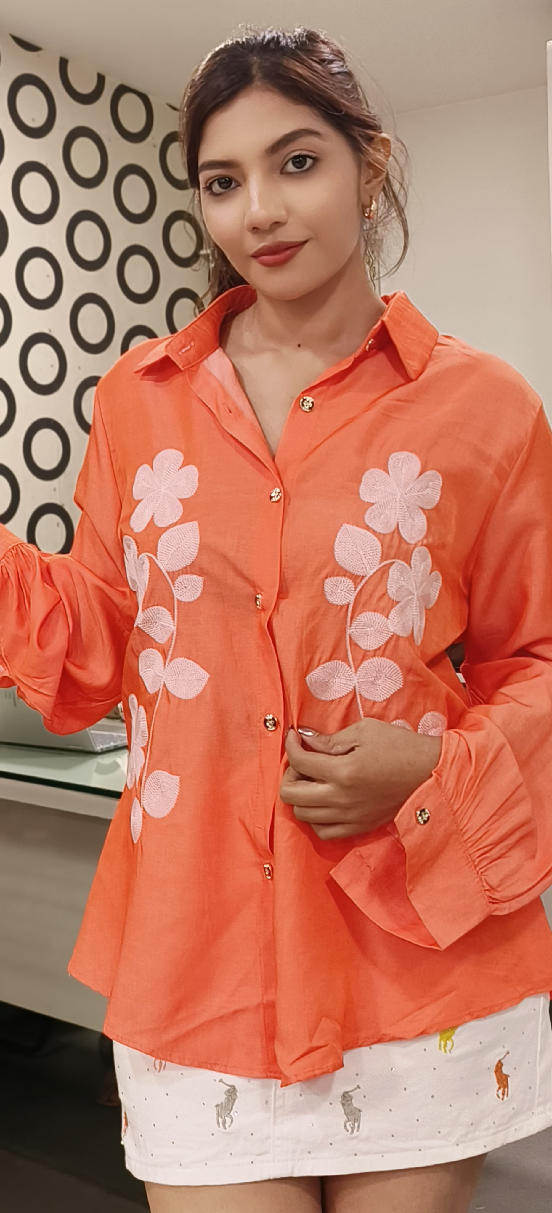 Elegant Coral Floral Embroidered Women's Shirt β Casual Chic Tunic Top