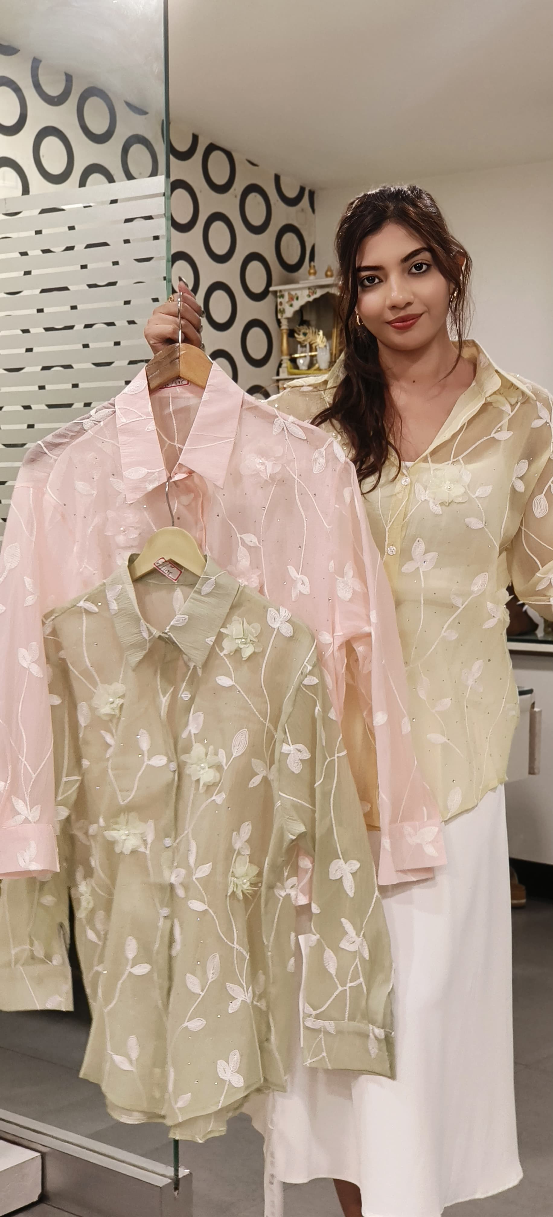Shimmery Transparent Floral Full Length Collar Shirt