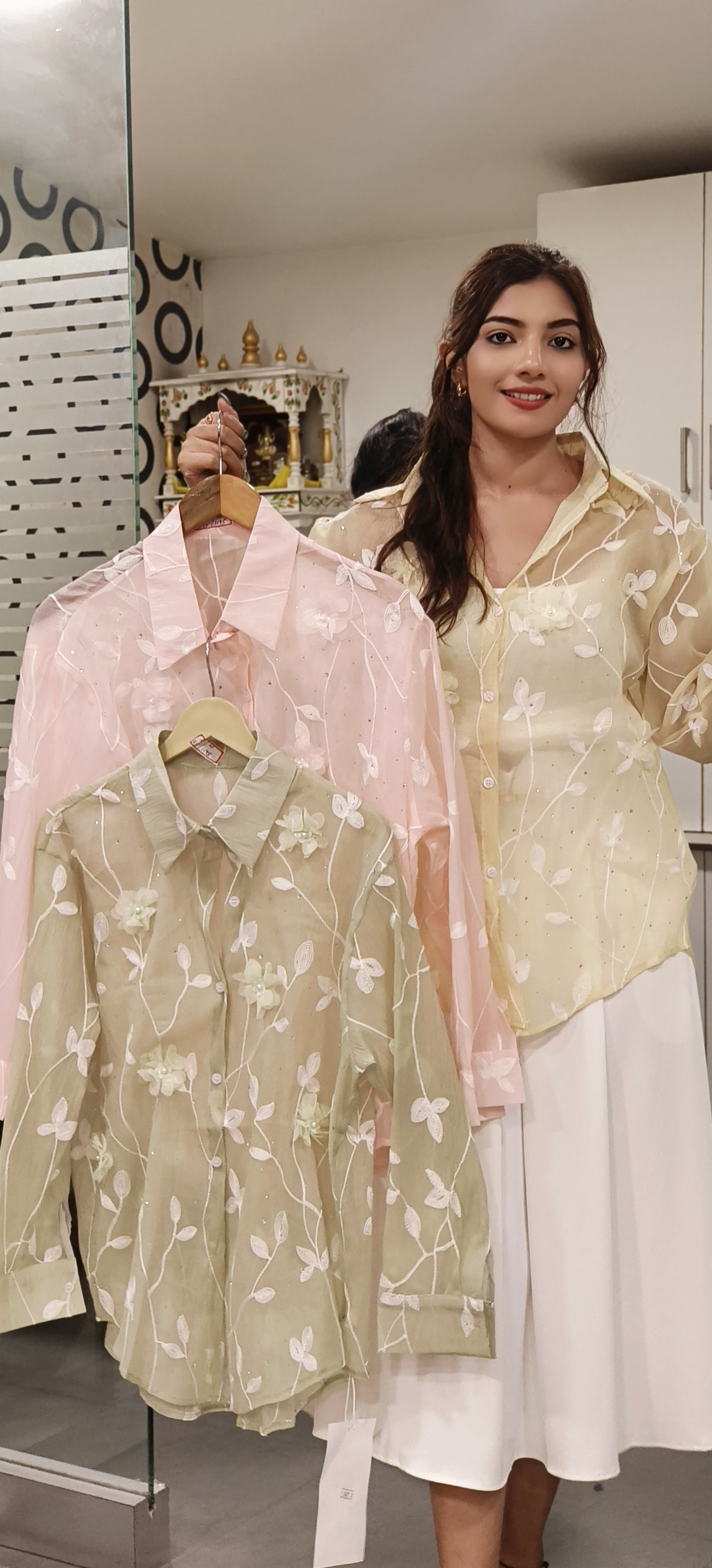 Shimmery Transparent Floral Full Length Collar Shirt