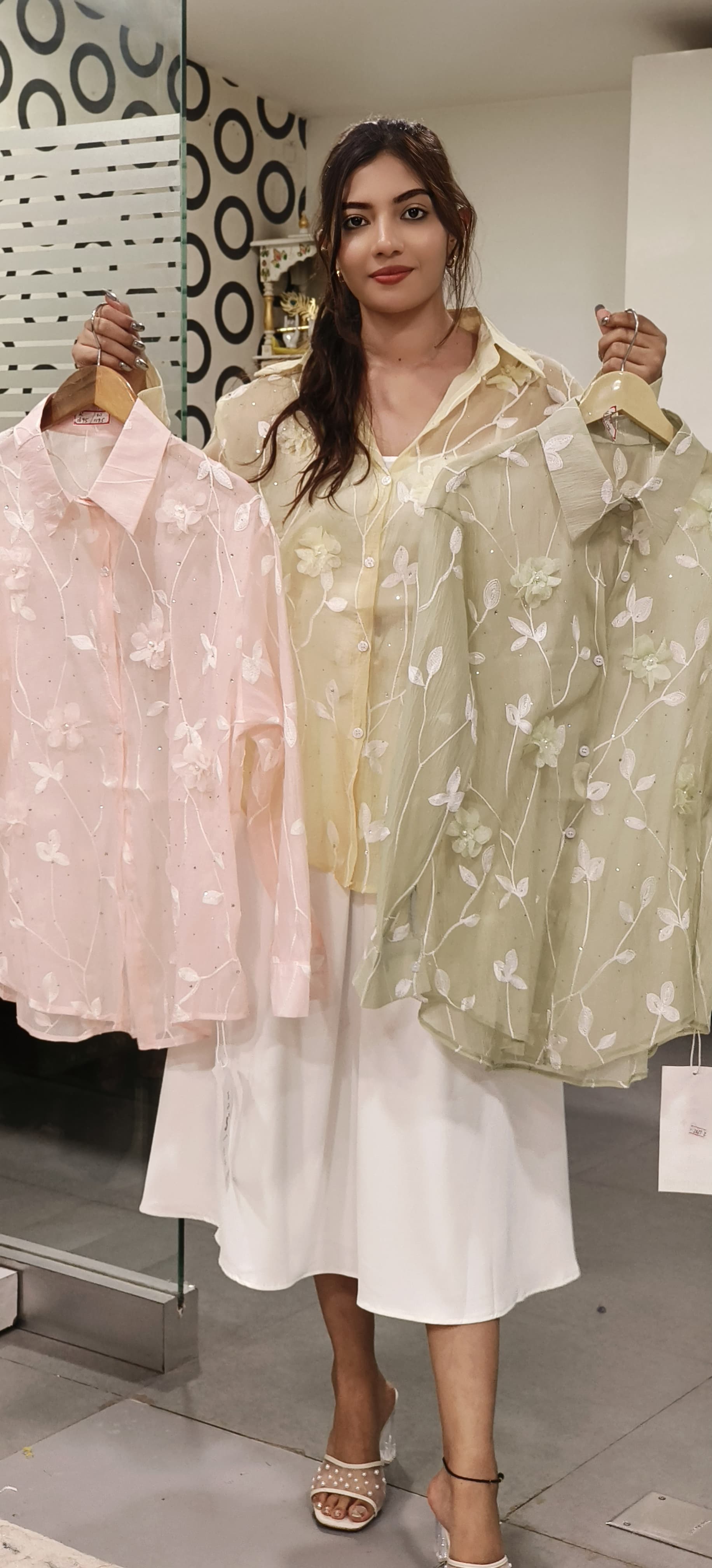 Shimmery Transparent Floral Full Length Collar Shirt